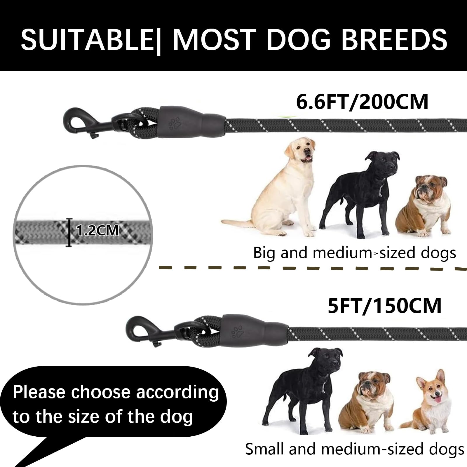 Rope Dog Lead with Soft Padded Handle and Carabiner Clip - Image 2