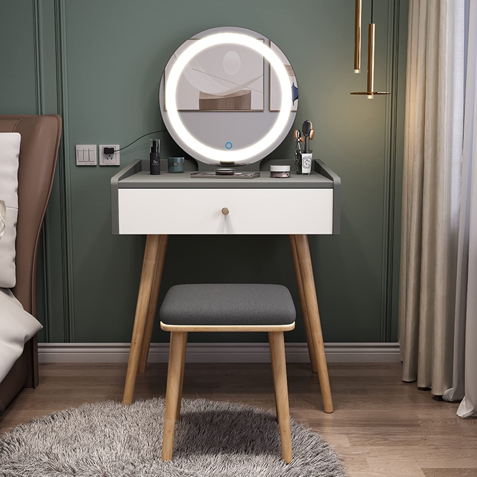 Specchio da trucco illuminato con tavolo da trucco con porta scorrevole, sgabello 1 cassetto, per camera da letto, tavolino da toeletta bianco per gli amanti del trucco, design salvaspazio, estetica