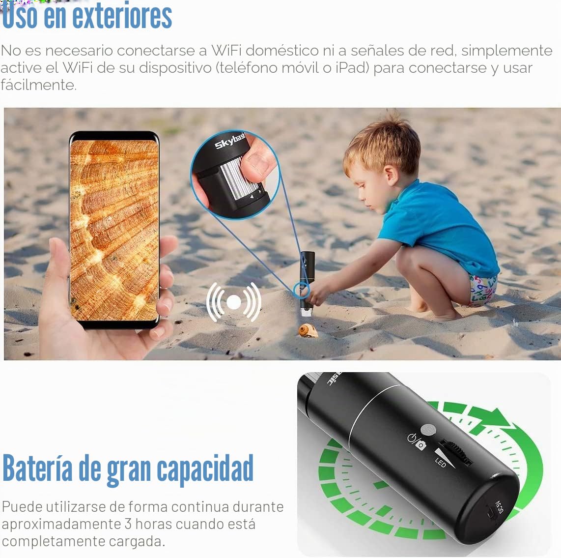 Microscopio Digital WiFi, microscopio Skybasic con Aumento de 50X a 1000X 1080P, microscopio Digital portátil con 8 LED para Android e iOS, Windows Mac