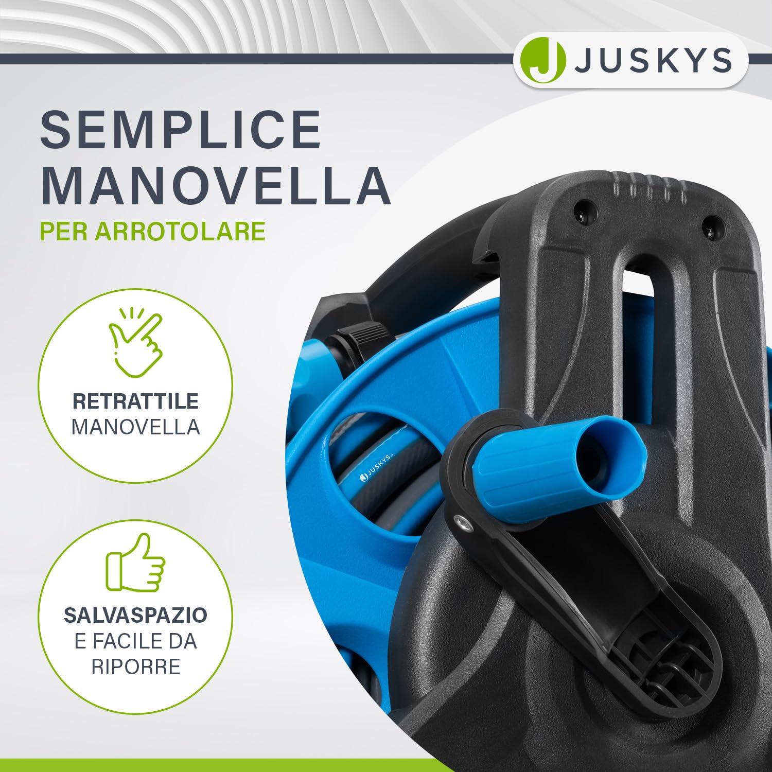 Carrello per tubo Juskys con tubo da 30 m e doccetta multifunzione - Avvolgitubo mobile con supporto da parete, ugello — Blu Grigio scuro