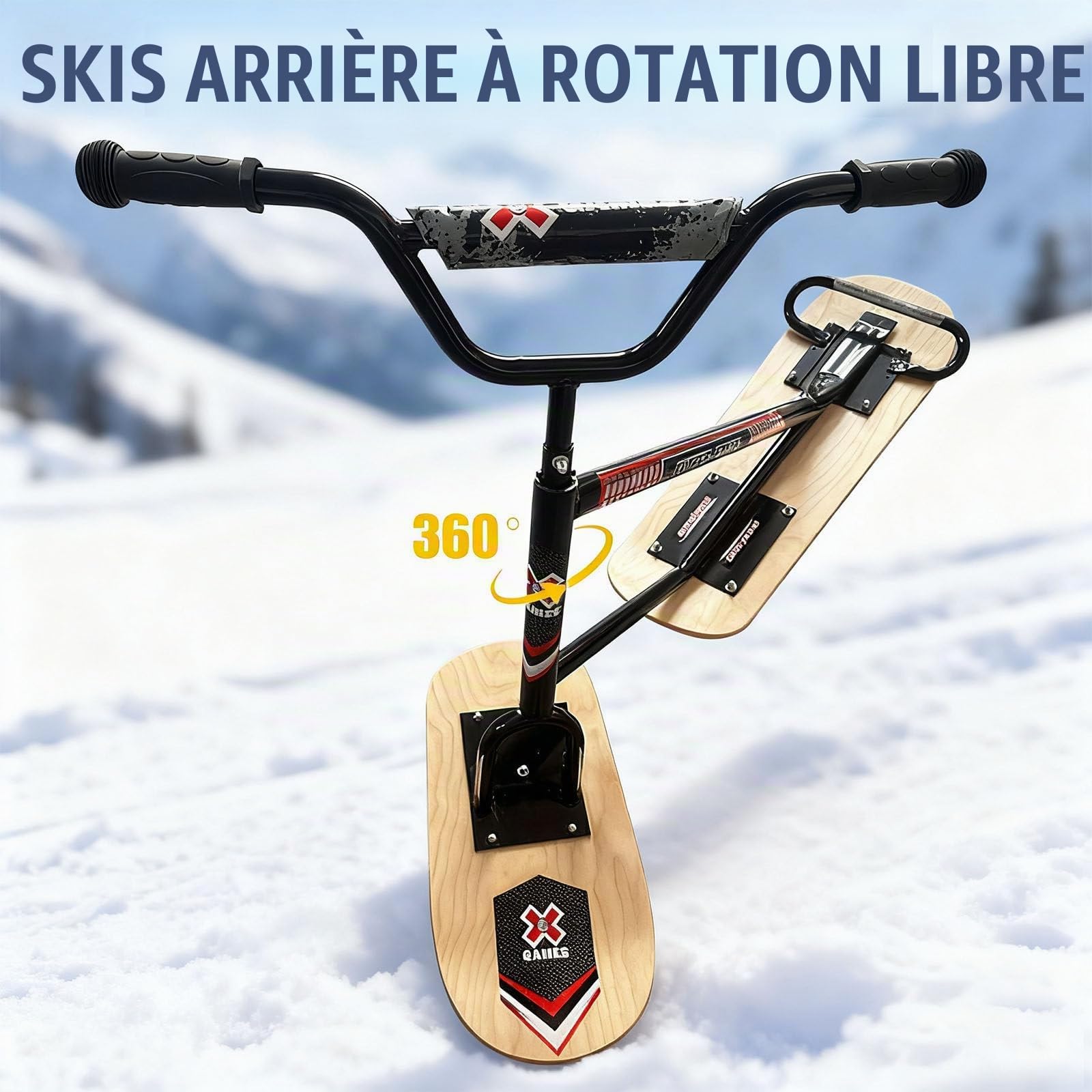 Trottinette des Neiges pour Adultes & Adolescents | Ski Arrière Rotatif 360° | Cadre en Aluminium Renforcé | Luge Tout-Terrain pour Le Hors-Piste, Les Pentes Damées & L'Aventure Neigeuse Black