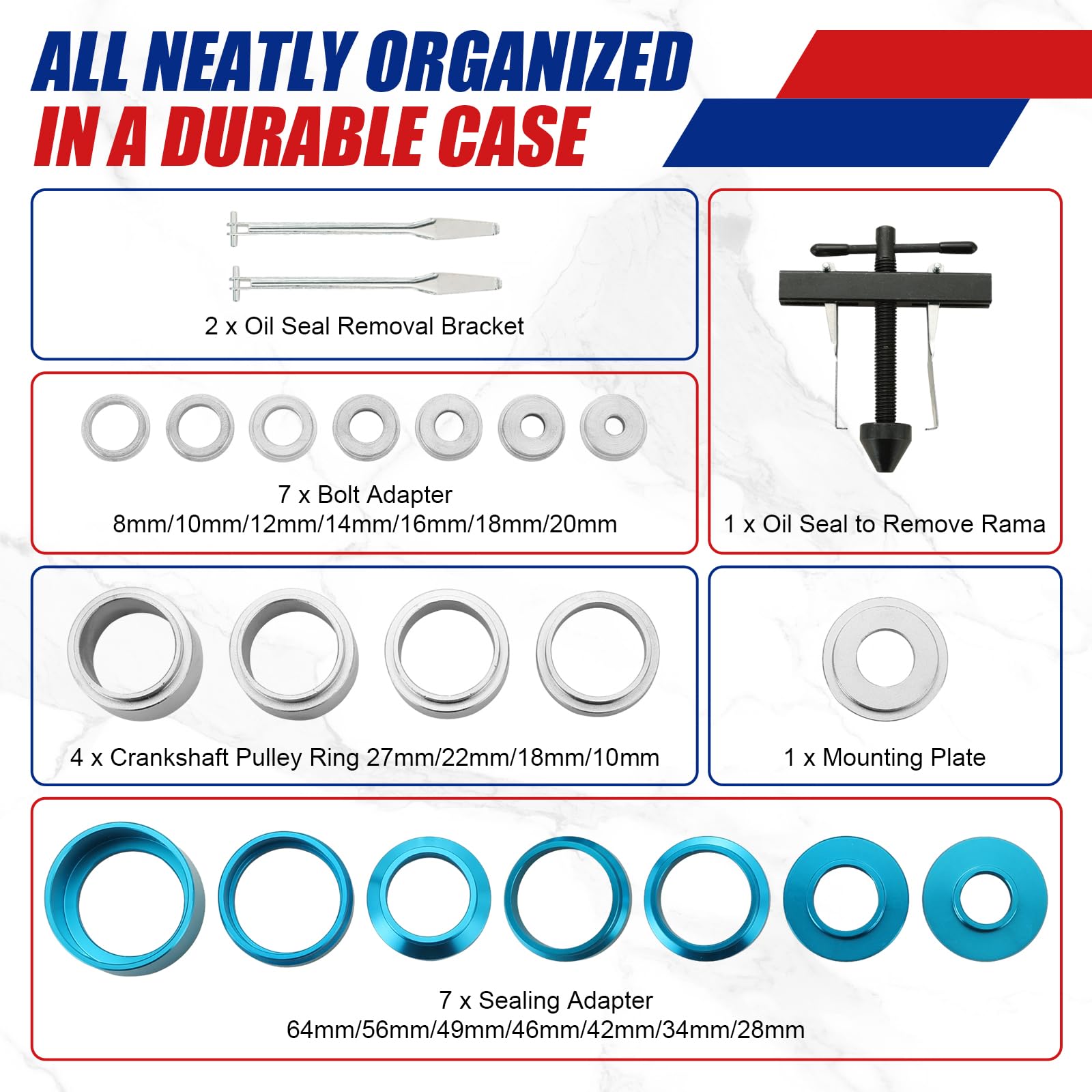 NYXOVA Crank Bearing Camshaft Oil Seal Installer and Remover Set, Crankshaft Camshaft Oil Seal Removal Installation Puller Tool, 21pcs Crank Bearing Camshaft Seal, Crank Seal, Crankshaft Seal Kit
