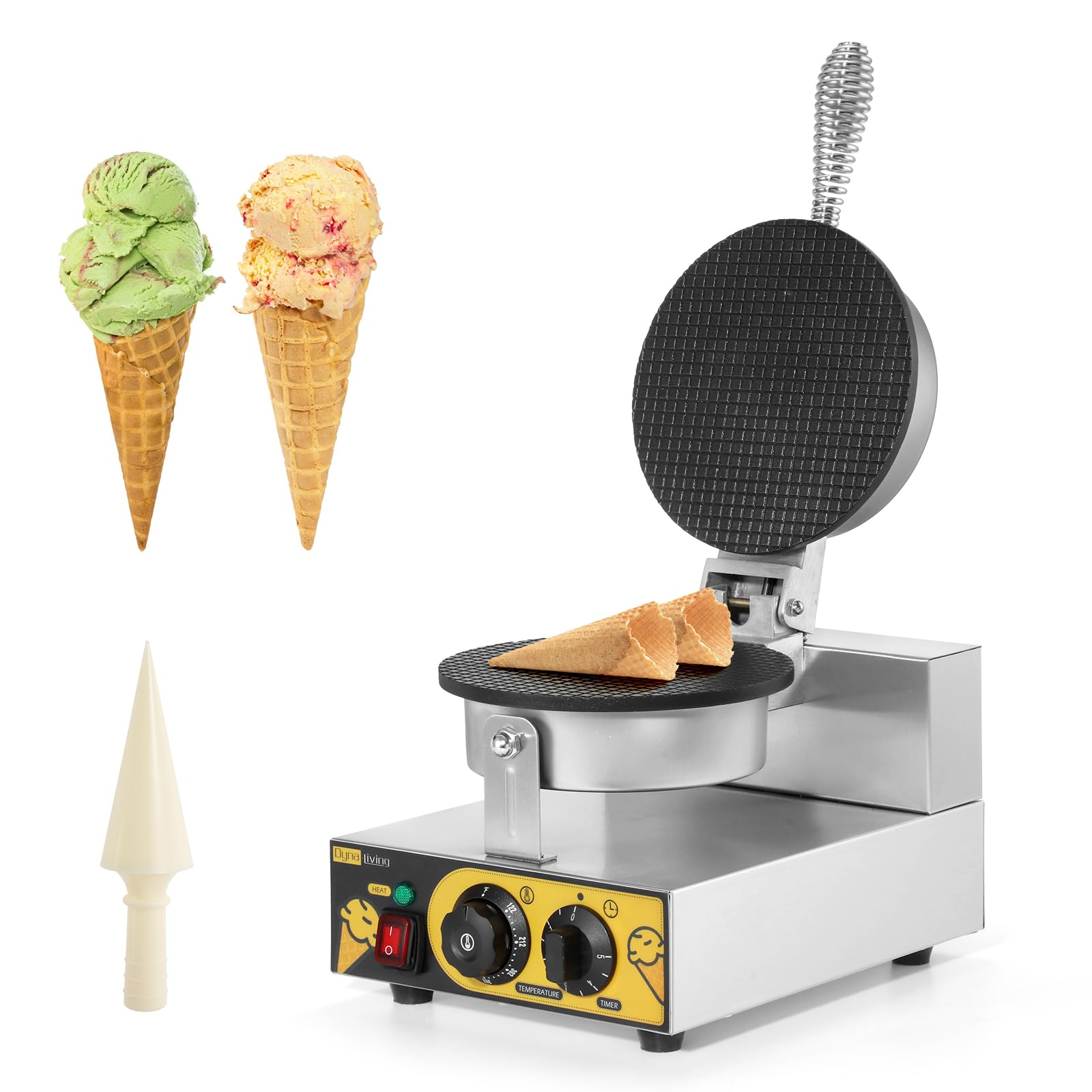 Dyna-Living Waffle Cone Maker Commercial 1200W Professional Ice Cream Cone Waffle Maker Machine, Electric Commercial Waffle Cone Maker Machine Stainless Steel Round Waffle Cone Iron, Non-stick Coating