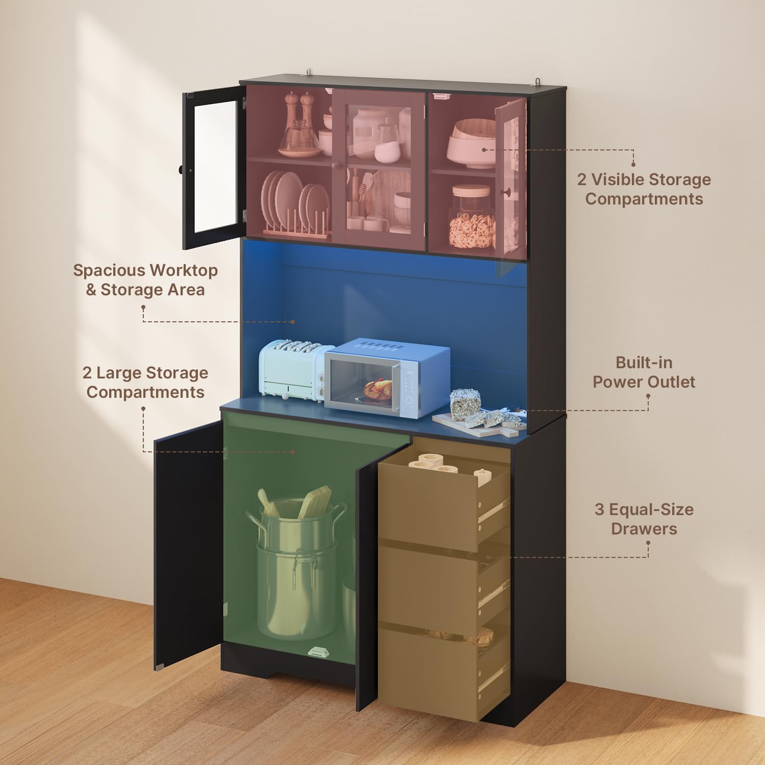 Xbro Armoire Cuisine, Buffet Haute avec Éclairage LED et Prise, Buffet avec 5 Portes, 3 Tiroirs et Portes en Verre,Meuble de Rangement avec Dispositif Anti-Basculement, 100 x 40 x 180 cm, Noir