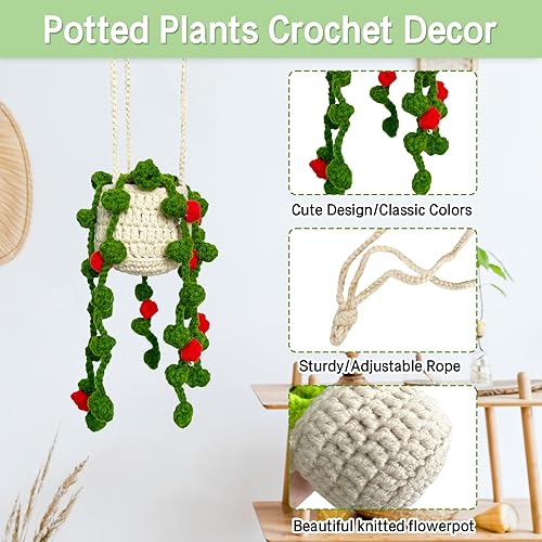 Miniatura 2 de Kunyeah Planta colgante de ganchillo para automóvil, lindas plantas en maceta, decoración de ganchillo, accesorios colgantes para espejo de