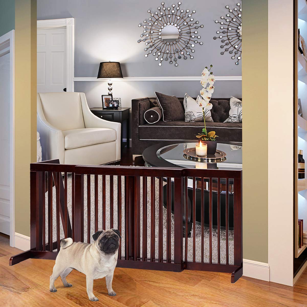 COSTWAY Recinto per Cani da Interno, Cancelletto Regolabile in Legno con Base Larga e 3 Ante, Recinzione per Animali Domesti di Piccola/Media Taglia, 140-203 x 9,5 x 56 cm