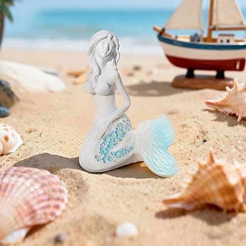 Miniatura 6 de Figura de sirena  Estatua de sirena de cola de mosaico azul de 4.4 pulgadas, temática de playa, decoración del hogar para sala de estar, baño,