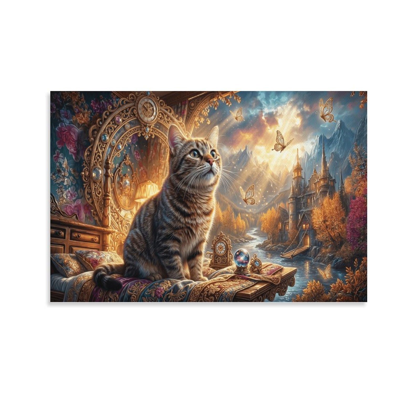 XPASHIQWC Tabby Cat Poster Artwork Mountain Castle Giclee Canvas Prints Modern Canvas Wall Art Picture Wall Hanging for Bedroom Living Room Decor 24x36inch(60x90cm)