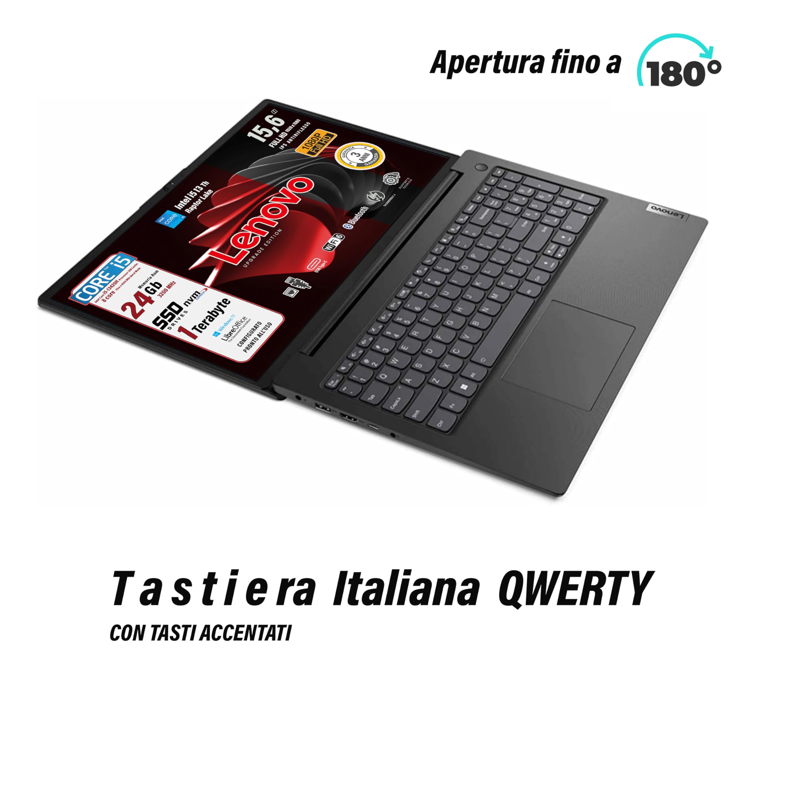 Lenovo, pc portatile Notebook, i5 13420H 13th, Raptor Lake, memoria Ram 24Gb, Display IPS FHD 15,6", SSD 1Terabyte, Wi-Fi6, Bt, USB Thunderbolt, Win11, Pronto all'Uso, Garanzia Italia 3 Anni