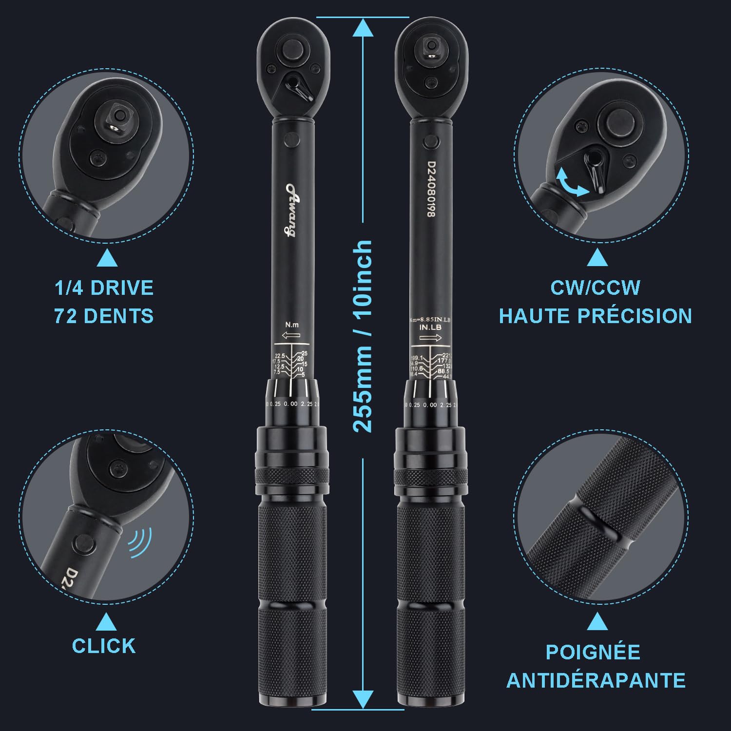 Awang 1/4" Clé Dynamométrique,5-25 Nm Cle Dynamometrique velo avec 72 Dents, Précision ±3%, pour Vélos Route Montagne Moto