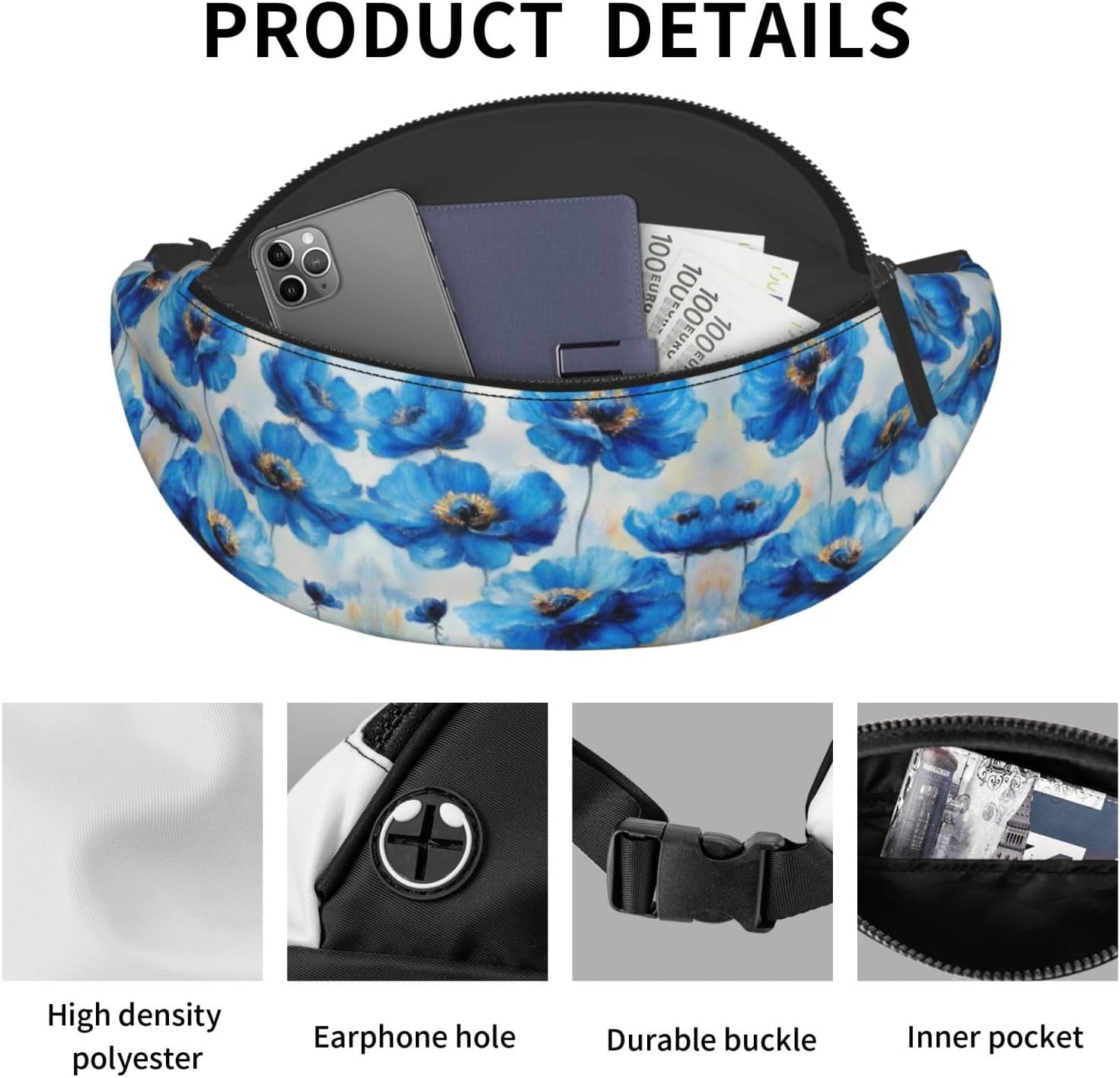 Blue Bloosm Painting Unisex Crossbody Waist Pack Wildflower Adjustable Waist Fanny Pack Flower Trendy Printed Crossbody Bag Tourists - Lightweight Theft-Resistant Bag for Sightseeing 14X35CM 8 71rq4lRPM8L. AC SL1500