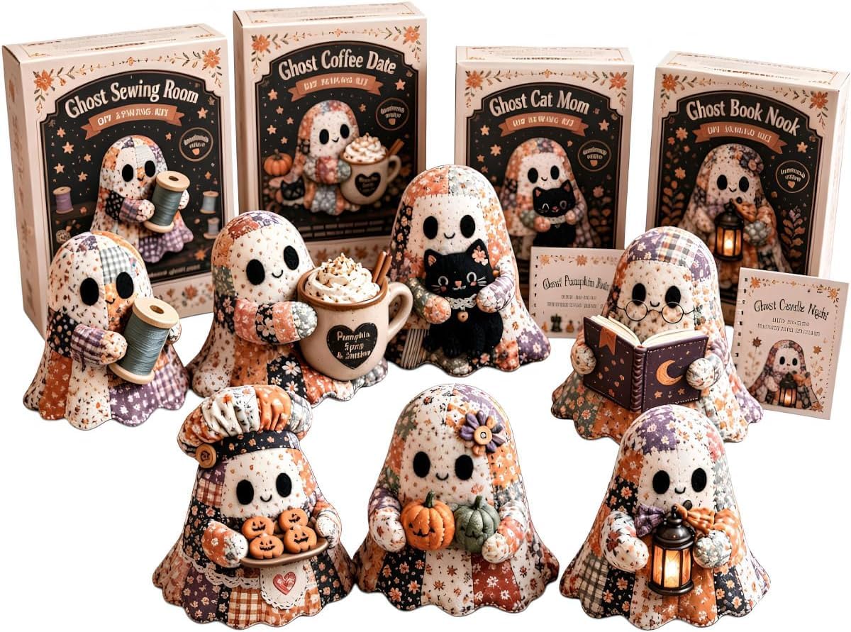 Little Ghost’s Cozy Halloween DIY Patchwork Kit, Retro Cute Ghost Patchwork Sewing Craft Kit with Pre-Cut Fabric Stuffing & Accessories Gift for Adults & Craft Lovers (All)