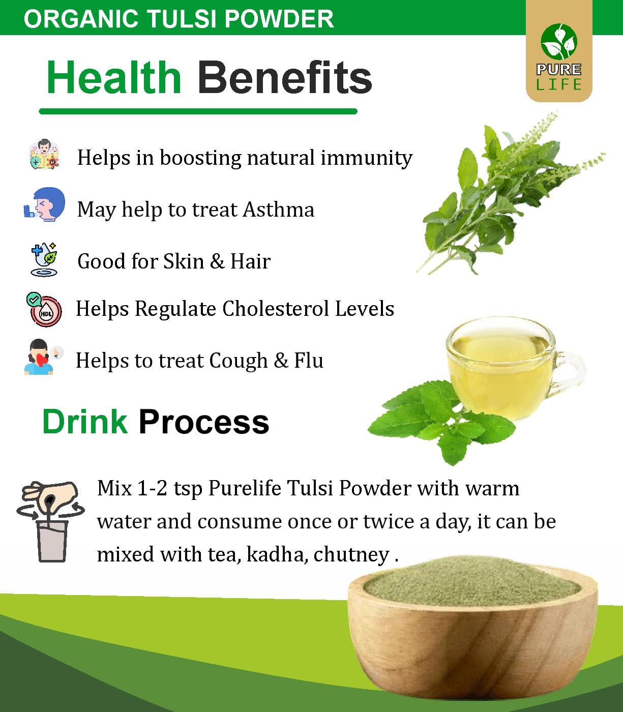 Pure Life Organic Tulsi Powder(200gm), Holy Basil, 100% Pure and Natural, Ayurvedic Herb, Boosts Immunity, Supports Respiratory Wellness — Amazon image 3