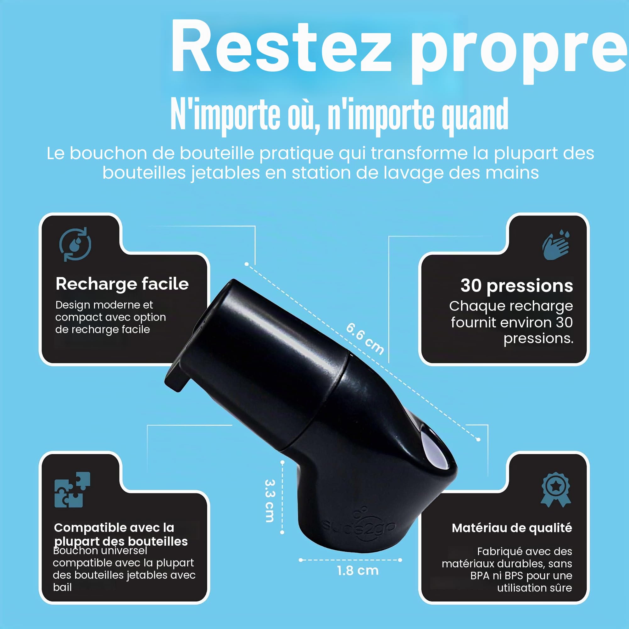 Suds2Go Lot de 2 Bouchons Rechargeables – Ajustement Universel Qui transforme la Plupart des Bouteilles d'eau jetables en Station de Lavage des Mains – Comprend Un réservoir de Savon Rechargeable –