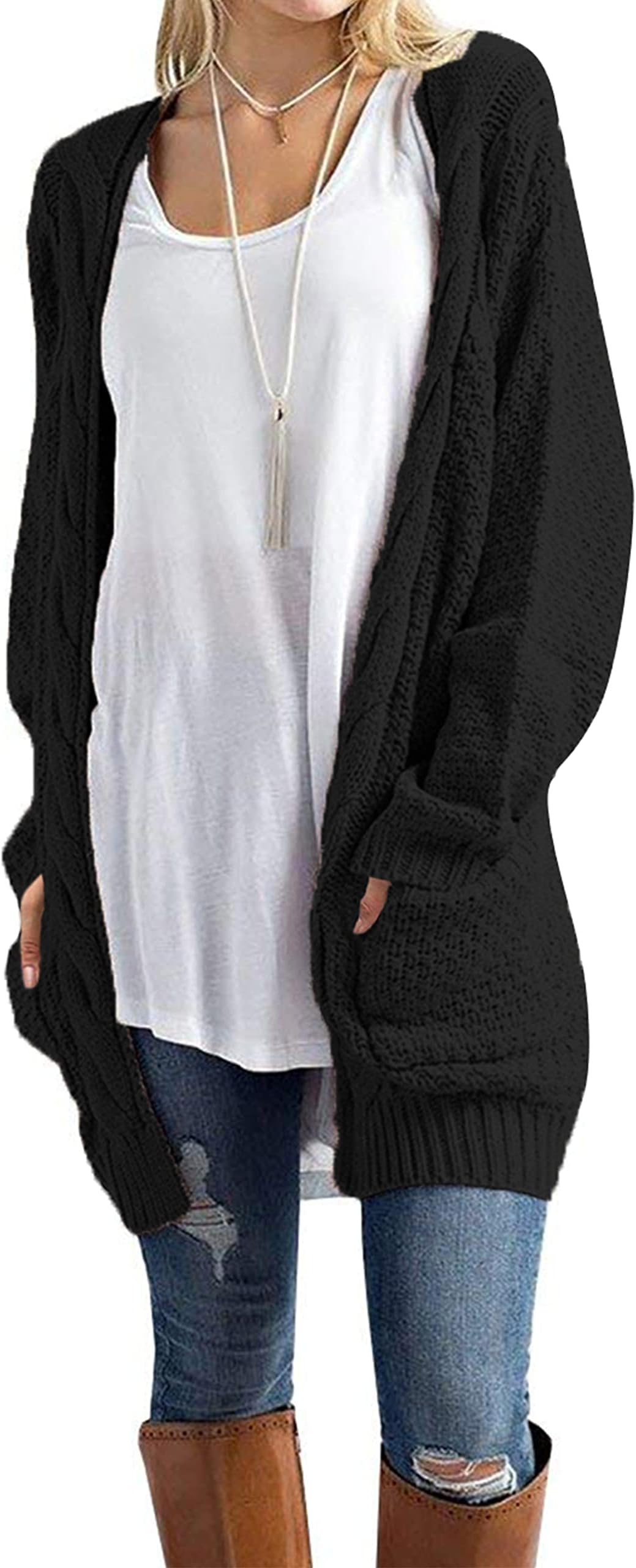 Women's Open Front Long Sleeve Boho Boyfriend Knit Chunky Cardigan Sweater