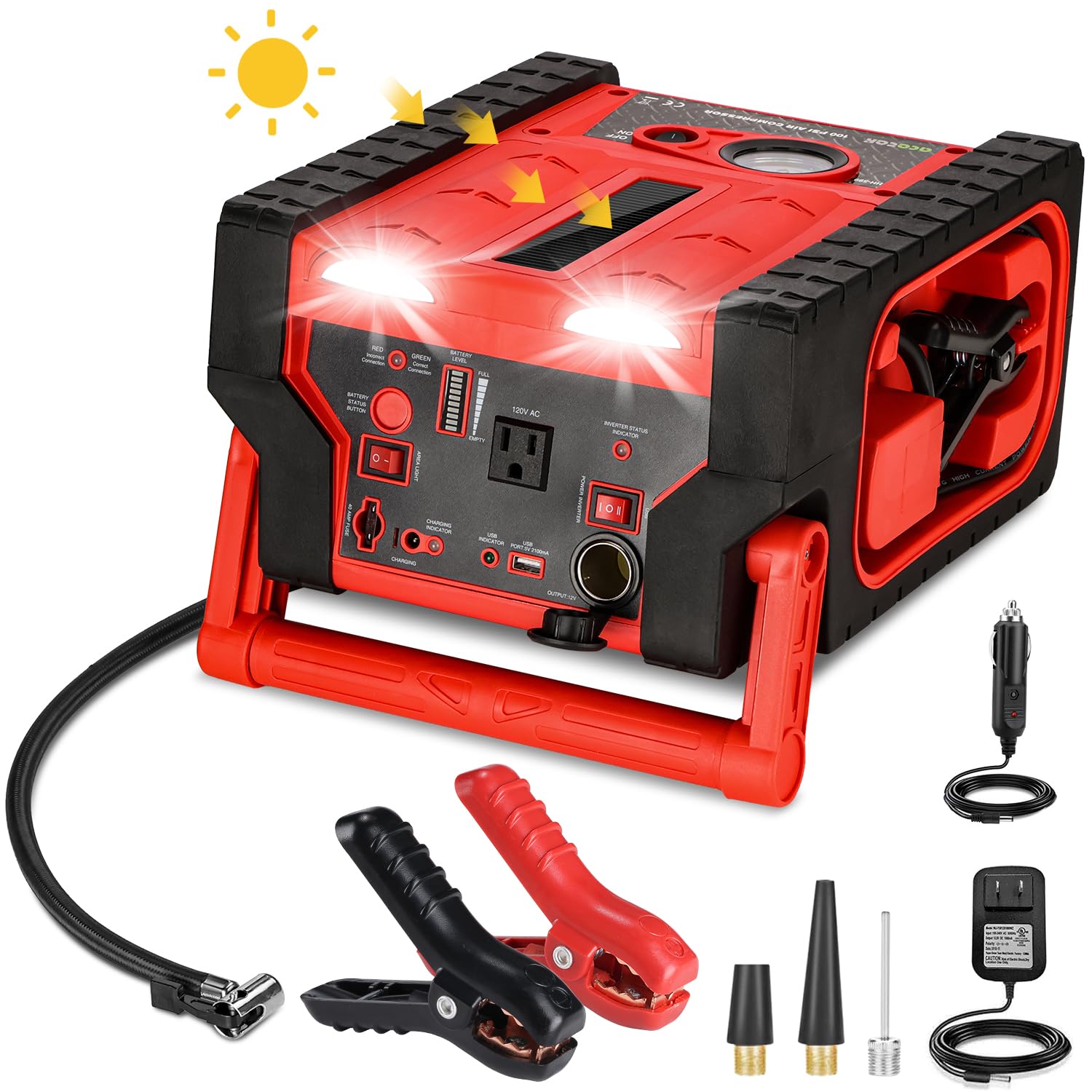 2000A 12V Solar Car Battery Jump Starter-20000 mAh Portable Power Station with 100 PSI Faster Air Compressor 400W