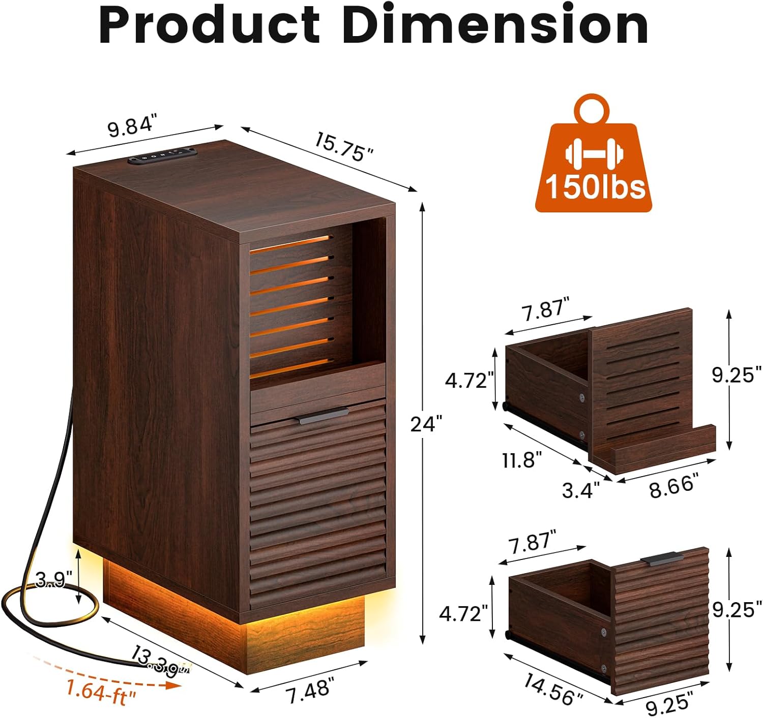 REAHOME Narrow Fluted Nightstand Set of 2, Wooden Small 2 Drawers Night Stand with Storage Fluted, LED Slim Bedside Table with Charging Station, Tall Skinny Side Table for Small Spaces Bedroom, Walnut