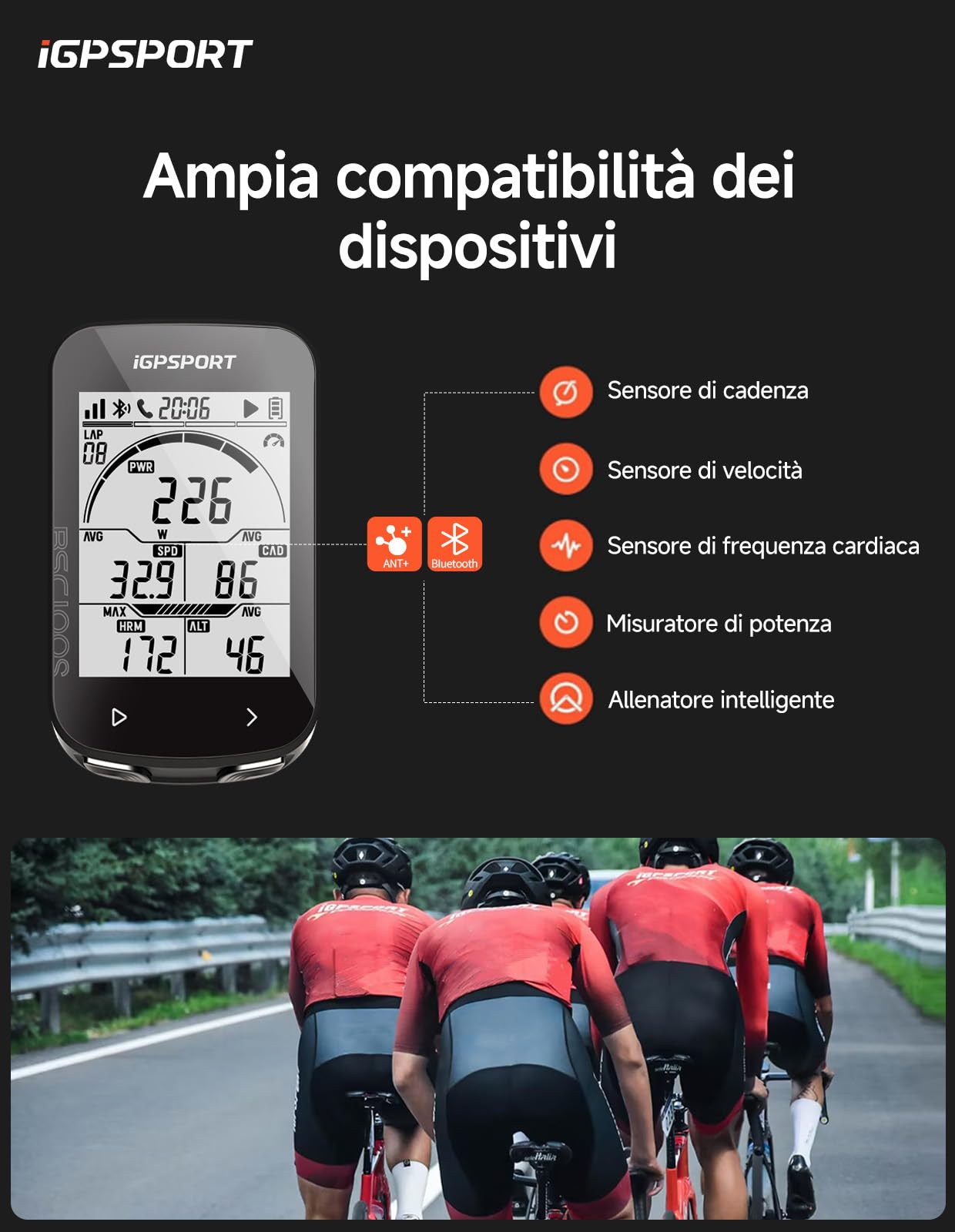 iGPSPORT BSC100S Ciclocomputer GPS Compatibile Contachilometri Bici Senza Fili Display 2,6" Tachimetro Retroilluminazione Automatica Impermeabile Bluetooth 5.0 ANT+