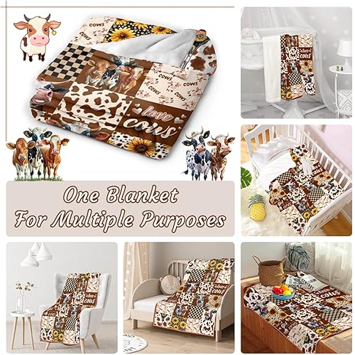 Miniatura 4 de Manta de franela de vellón a cuadros con estampado de vaca, para niñas y niños, manta de regalo de girasol de otoño, manta rústica marrón de vaca de