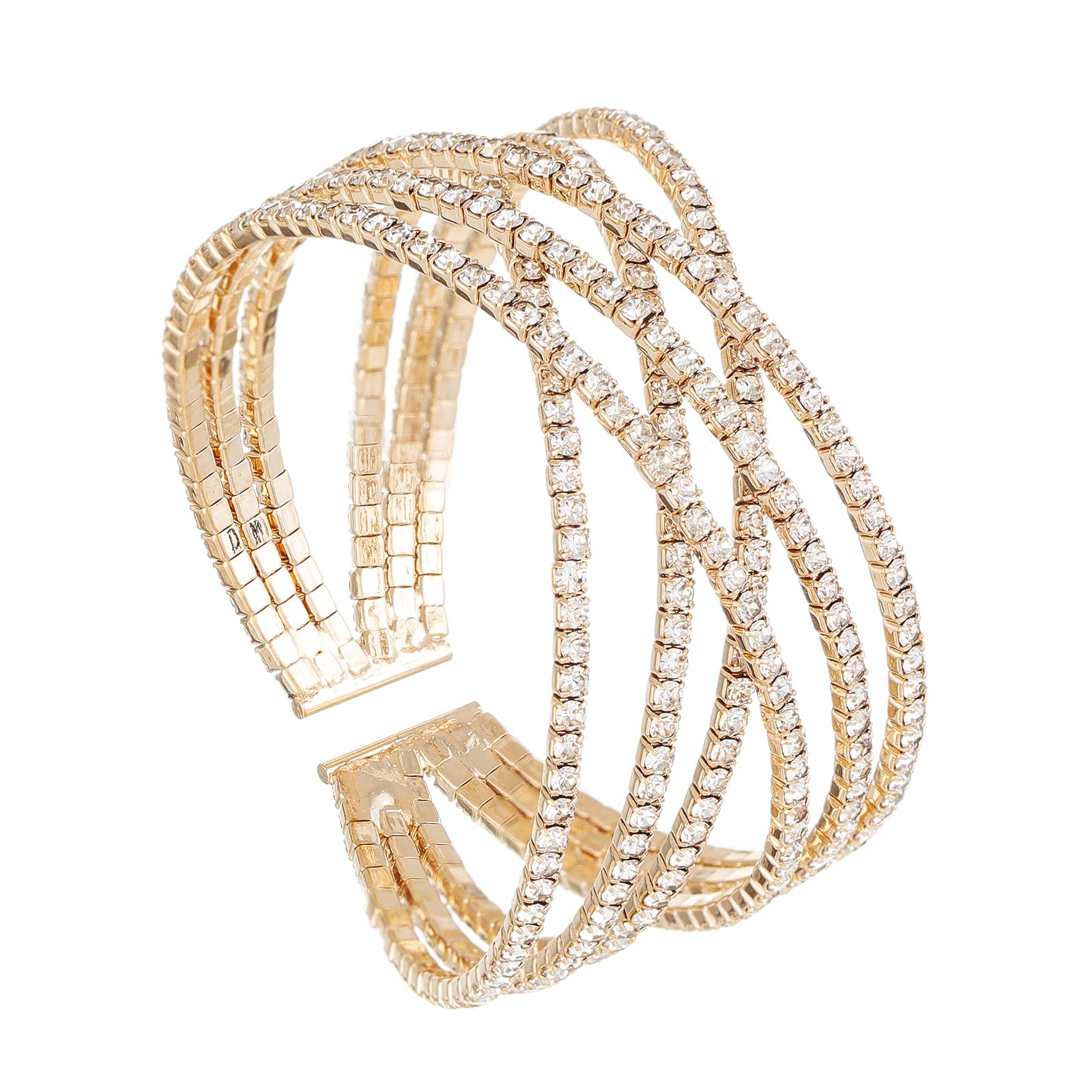 EceshaSparkly Multi-layer Cross Rhinestone Crystal Cuff Bracelet Bangle for Women Costume Jewelry Formal Wedding Party