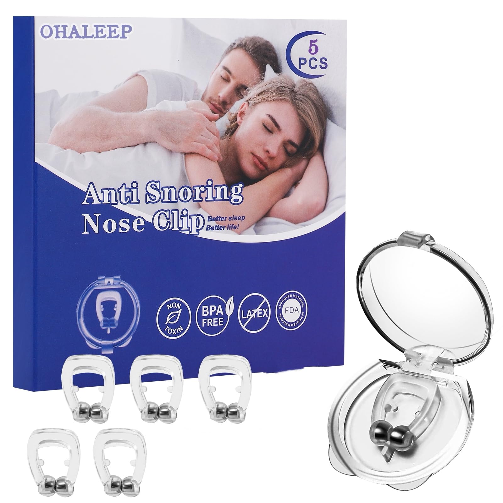 OHALEEP Anti Snoring Devices, Snore Stopper with Adjustable Magnet, Silicone Nose Clip Stop Snoring, Effective to Relieve Snoring, Snoring Solution for Comfortable and Quieter Sleep,White,M
