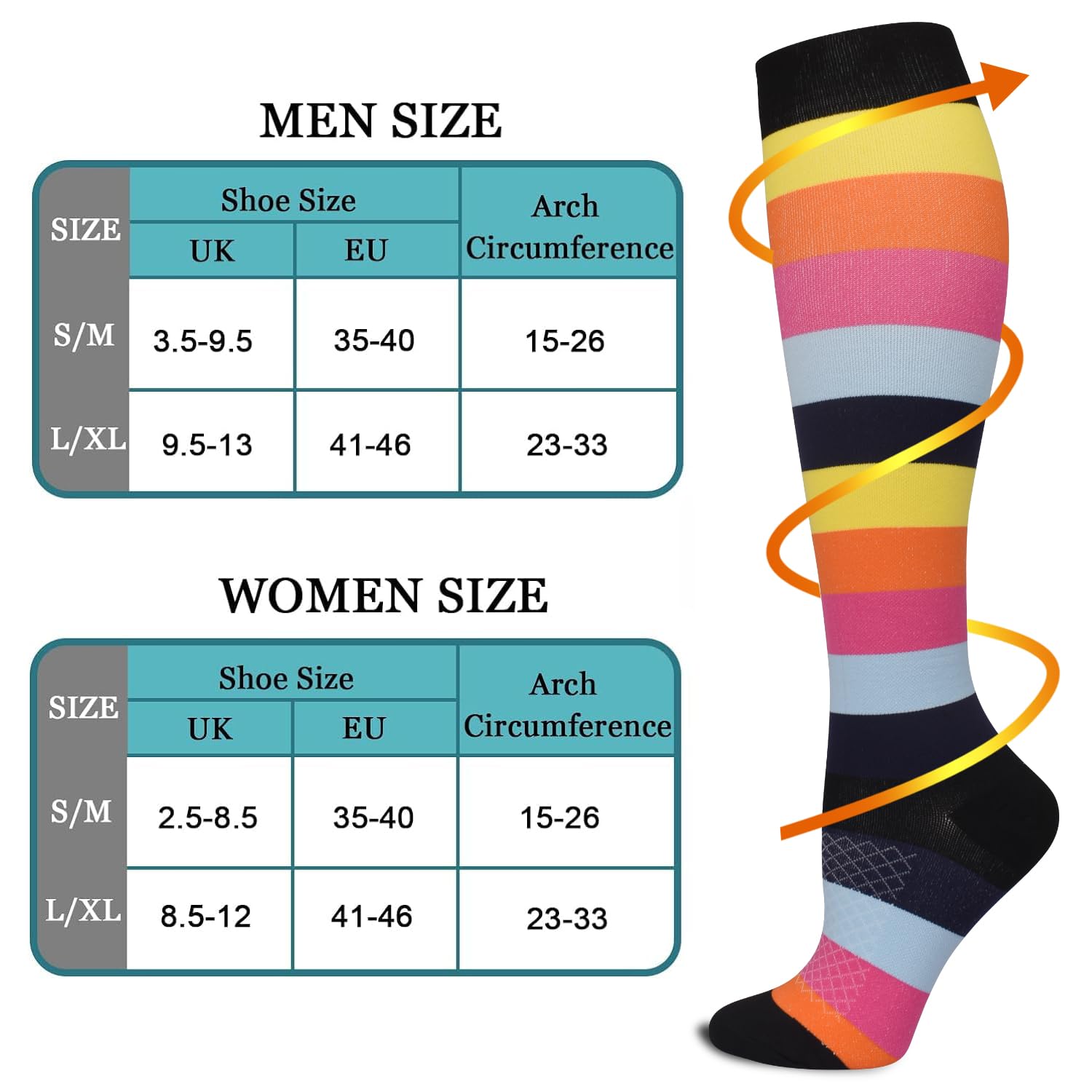 Lot de 8 paires de bas de compression pour homme et femme (15-20 mmHg), chaussettes de contention pour infirmières, sport, vol, voyage, course