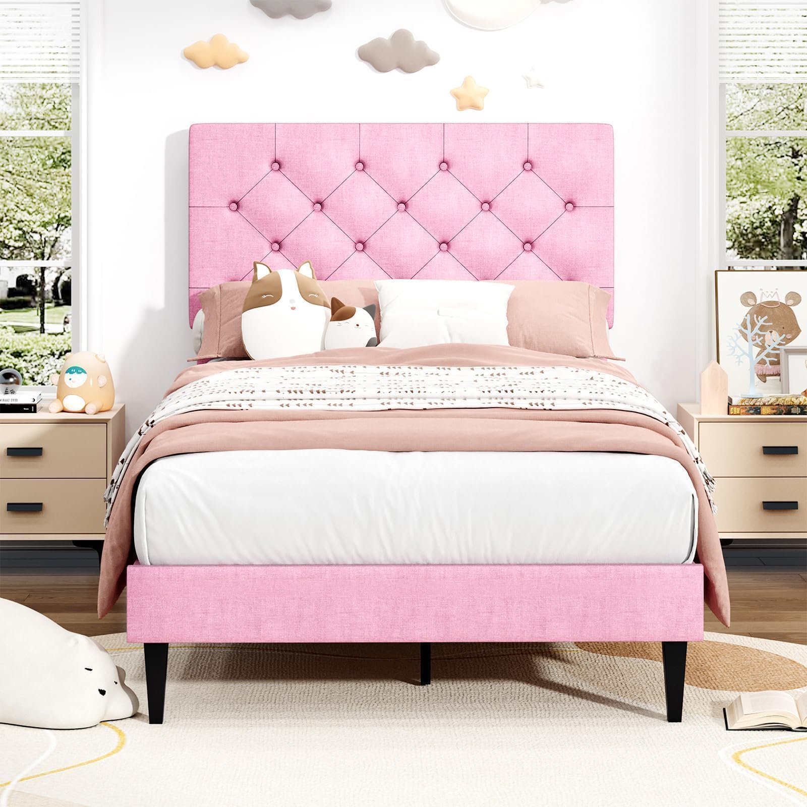 BarnFurin Twin Bed Frames with Button Tufted Headboard, Linen Upholstered Platform Bed with Wooden Slats Support, Princess Bed Frame for Girls, Easy