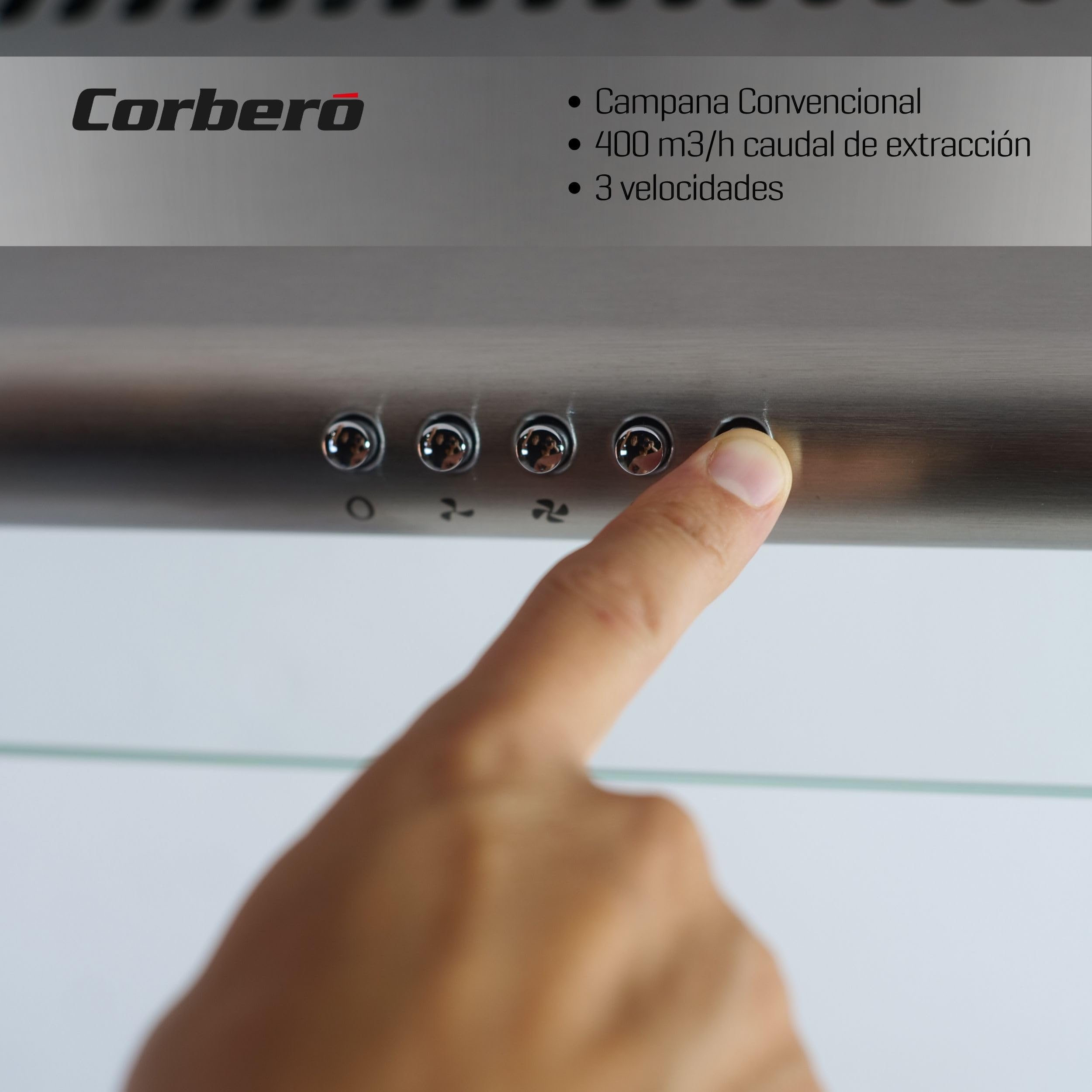 Corberó SELATI640X Campana Convenzionale, 60 cm, Portata 400 m3/h, Inox,191,5 W, 3 velocità, 2 x Filtro Alluminio, Filtro Carbonio, Efficienza Energetica D