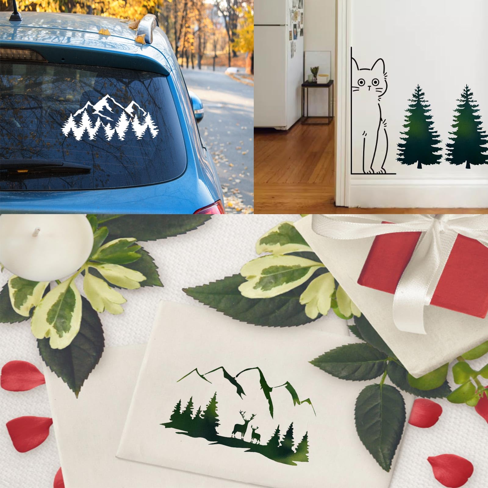 15 plantillas de pintura de montaña de bosque, plantillas reutilizables para quemar madera, ventana, pared, lona, tela, muebles y manualidades (15 bosques)