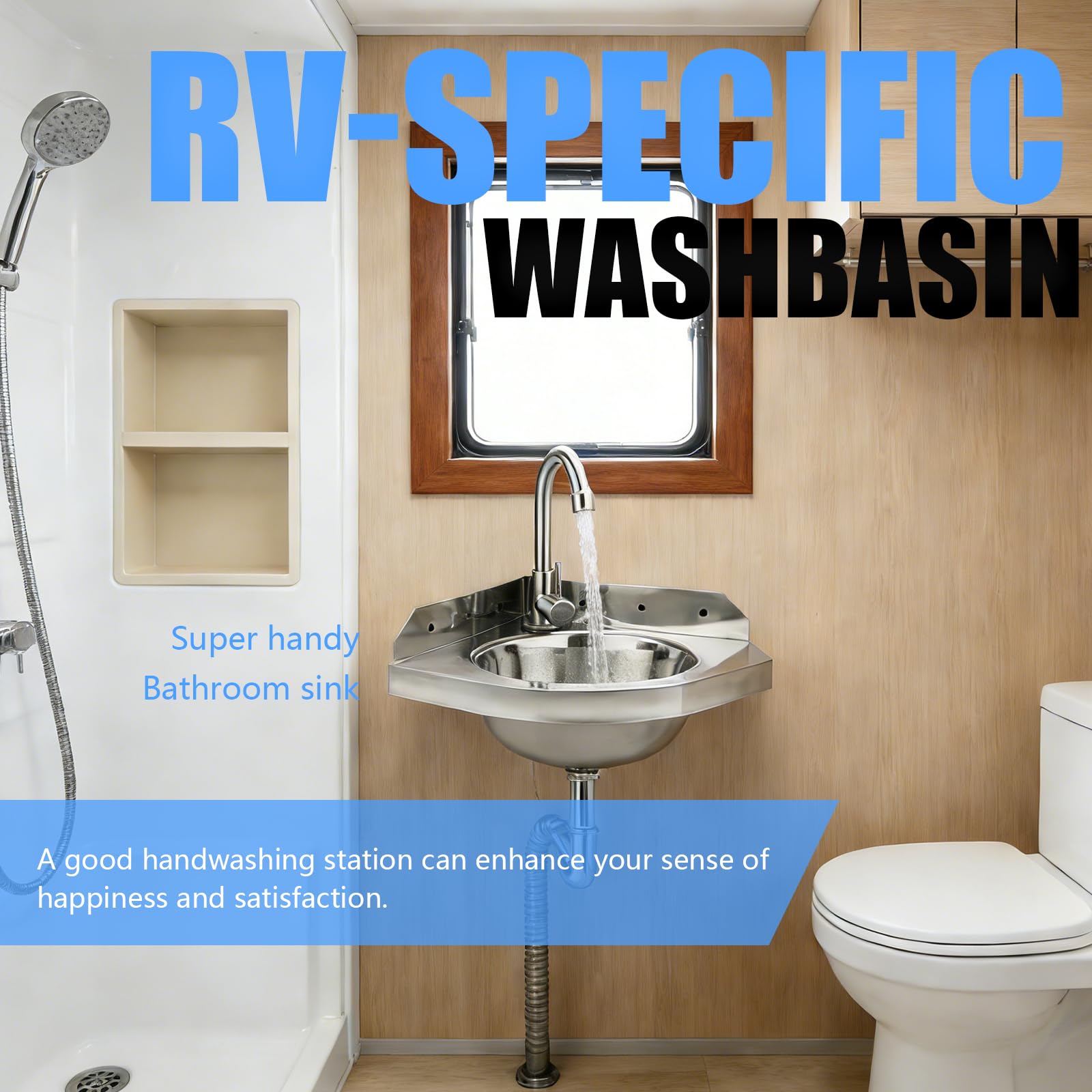 Lavabo Esquinero, Lavabos de Montaje en pared Lavabo Triangular Pequeño De Acero Inoxidable 260 Mm Montaje En Pared Juego, Con Grifo Desagüe Y Mangueras, Para Autocaravana Camper Barco Baño WC Garaje