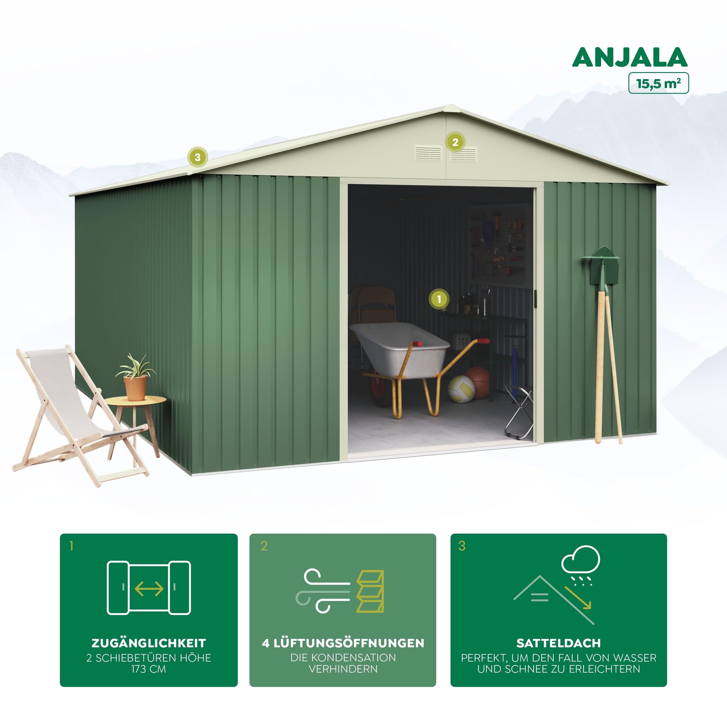 Hoggar - Caseta Metálica de Jardín 15,5 m2 Anjala – 4 Rejillas Anticondensación – Verde y Beige - Puerta Corredera Doble – Techo a Dos Aguas - Cobertizo de Metal - Almacenaje Exterior