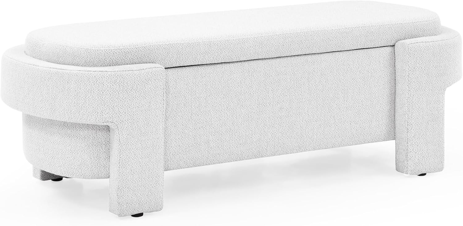 LKTART Linen Fabric Ottoman Upholstered Bench with Large Storage Space End of Bed Storage Bench for Living Room Entryway White