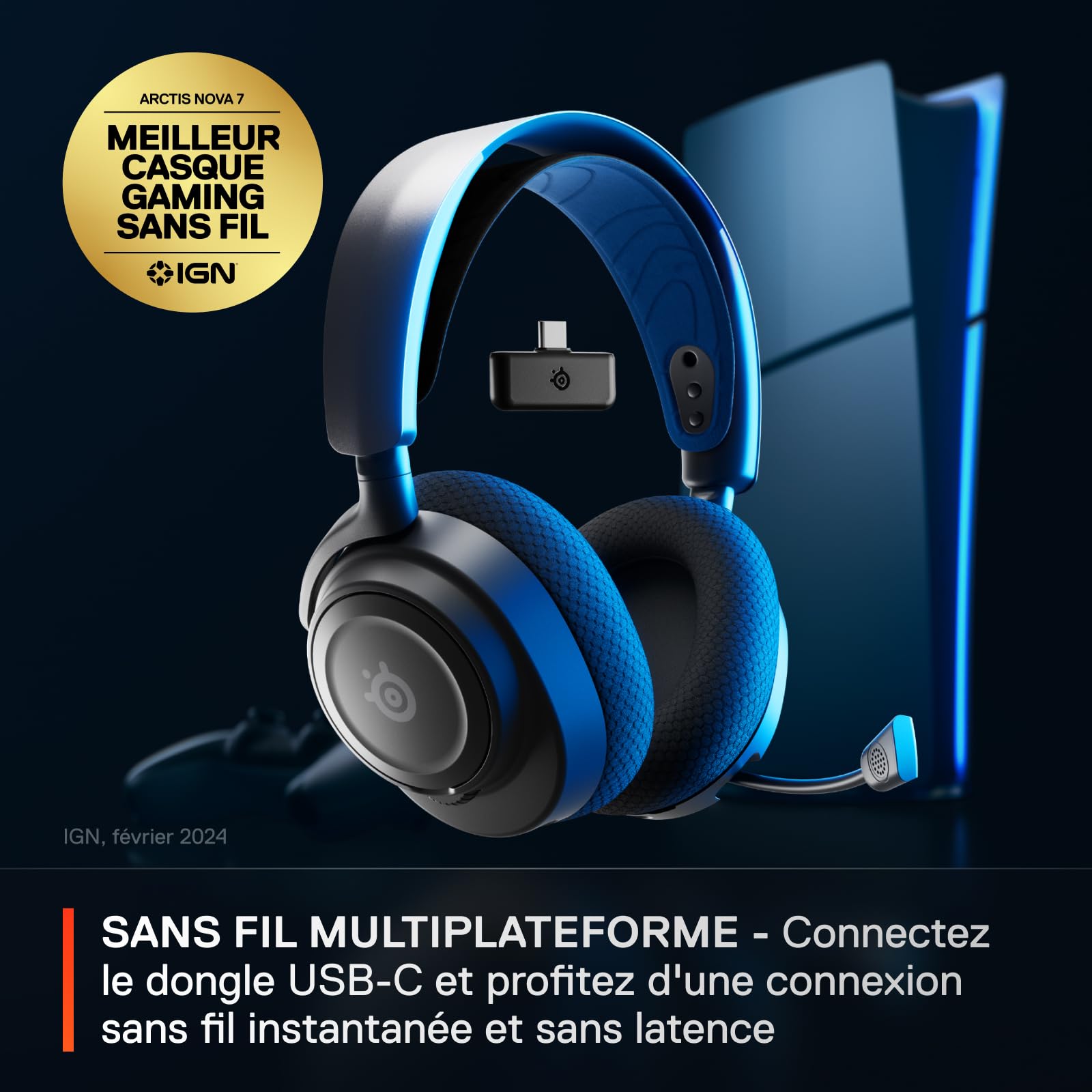 SteelSeries Arctis Nova 7P- Casque Gaming Sans Fil multiplateforme- Haut-parleurs magnétiques en néodyme- Bluetooth et 2.4GHz simultanés - Autonomie 38h- Micro ClearCast Gen2 IA- PS5,PC,Switch,Mobile