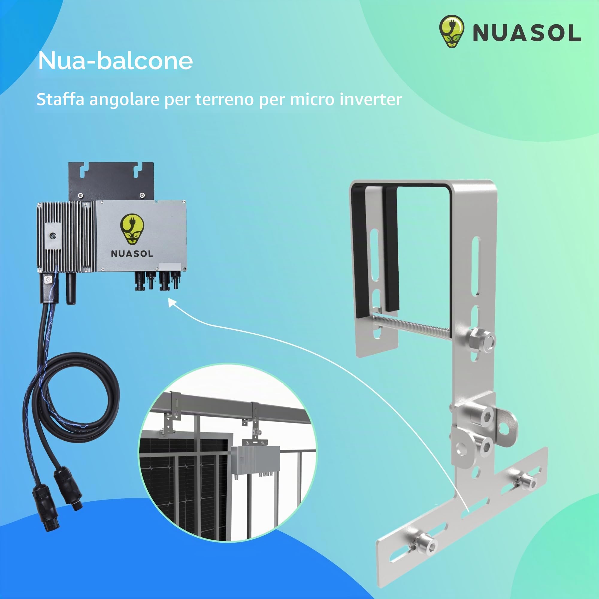 Supporto per centrale elettrica da balcone per ringhiera 2 pannelli solari e un inverter fotovoltaico | rettangolare | Set | angolo di inclinazione 0° & 25-45°