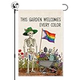 This Garden Welcomes Every Color Spring Garden Flag, Double Sided Farmhouse Lawn Outdoor Decor Yard Flags Gifts, Funny LGBTQ Skeleton Rainbow Flowers Flag for Garden, Equality Diversity Banner