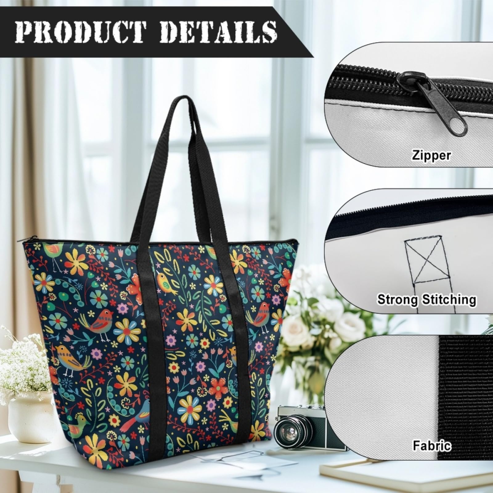 Tote Bag Tela Bolsas de Tela Poliéster Bolso de Mano de Mujer Reutilizable Bolsa Compra Plegable Tote Bag Cremallera Bolso Viaje Duradero Totebag