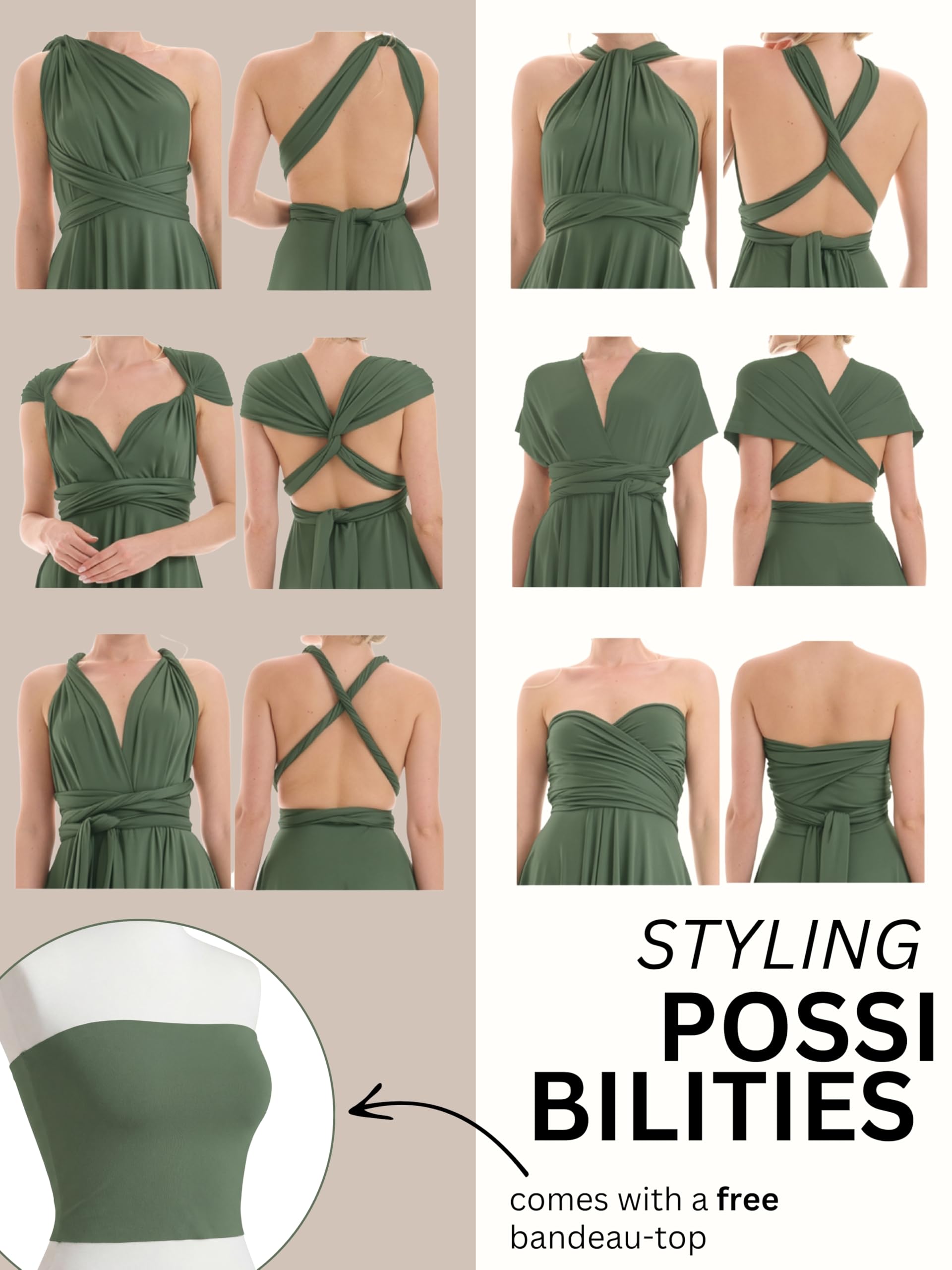 Juvell Sukienka druhny długa - sukienka maxi - suknia wieczorowa Infinity - sukienka kopertowa Multiway - krótkie rękawy - w zestawie top bandeau - elegancka sukienka koktajlowa - wesele bal