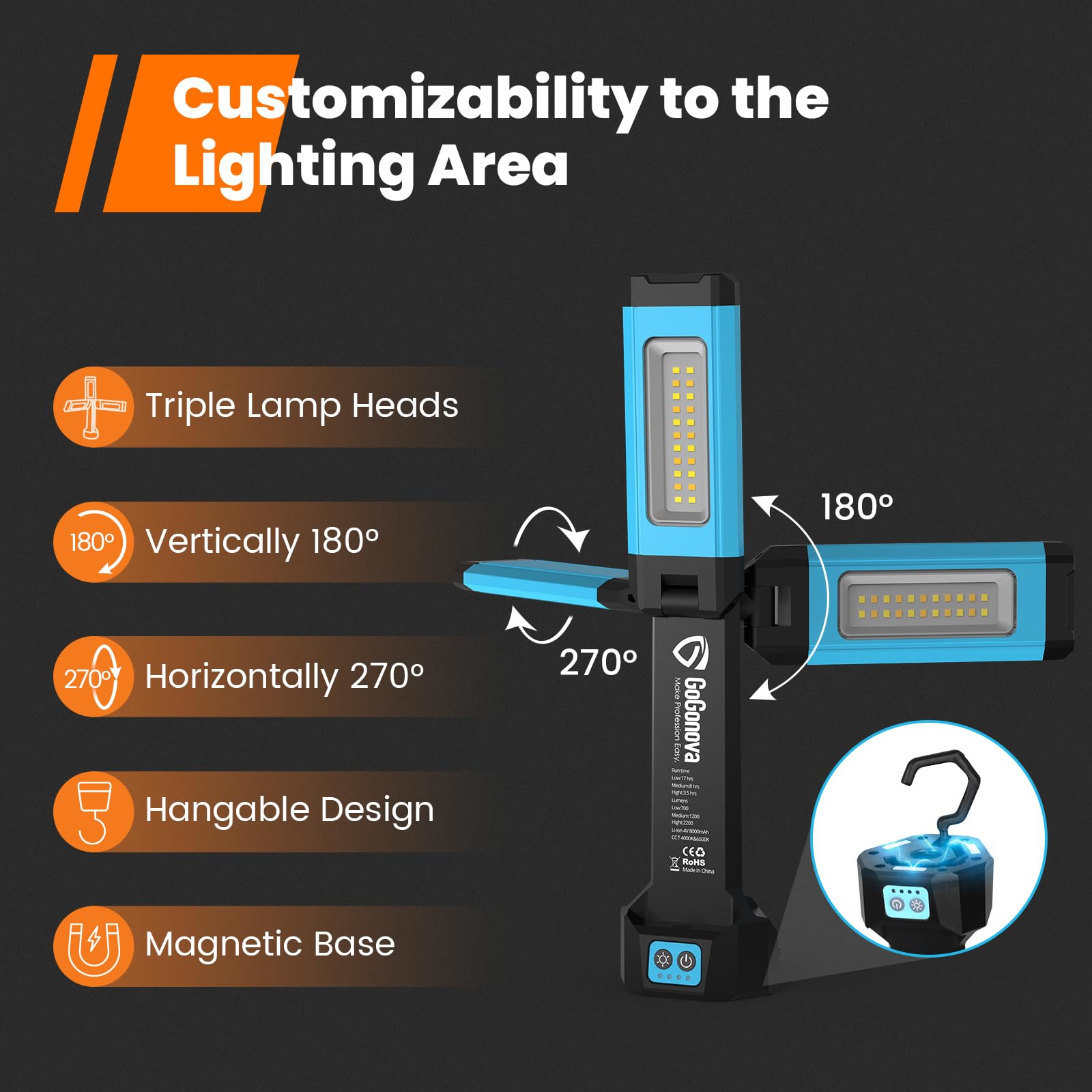 LED Baustrahler Akku, GoGonova Tragbare Arbeitsleuchte mit 8000mAh Batterie, Magnet, 700/1200/2200LM, 4000/6500K, Campinglampe für Garage, Outdoor, Camping, Baustellen [Energieklasse F]