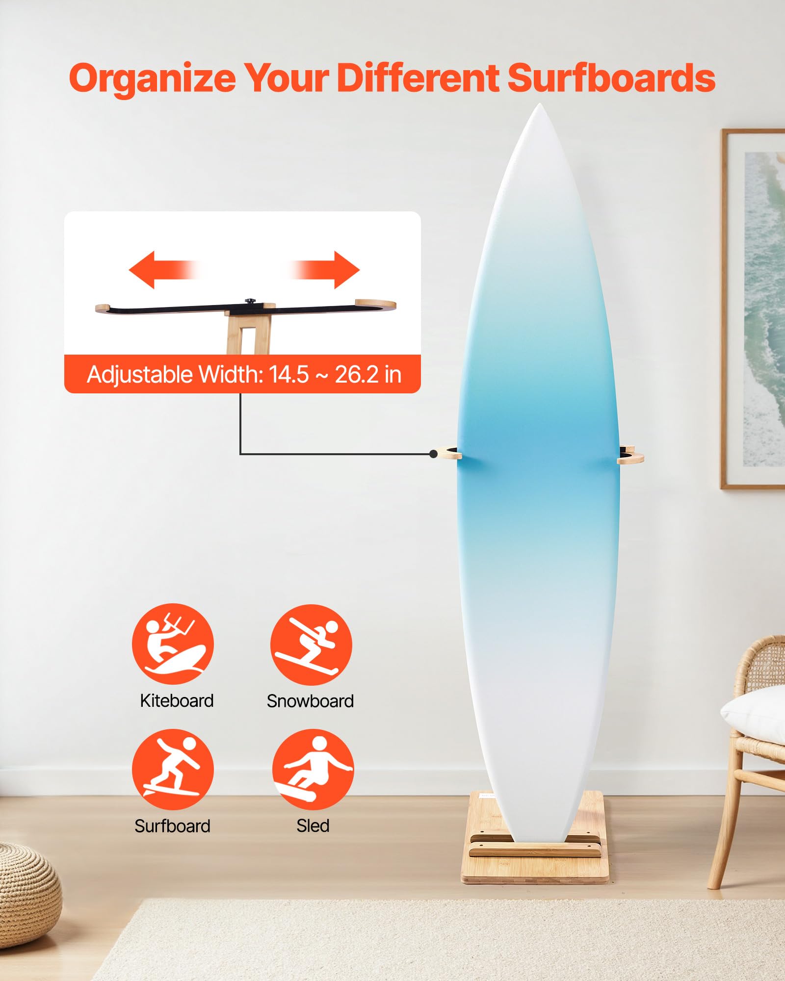 VEVOR Soporte Vertical para Tablas de Surf, Soporte de Madera para Tablas de Surf Ajustable de 370 a 665 mm, Organizador de Tabla Independiente con Relleno de Corcho, para Wakeboard, Snowboard