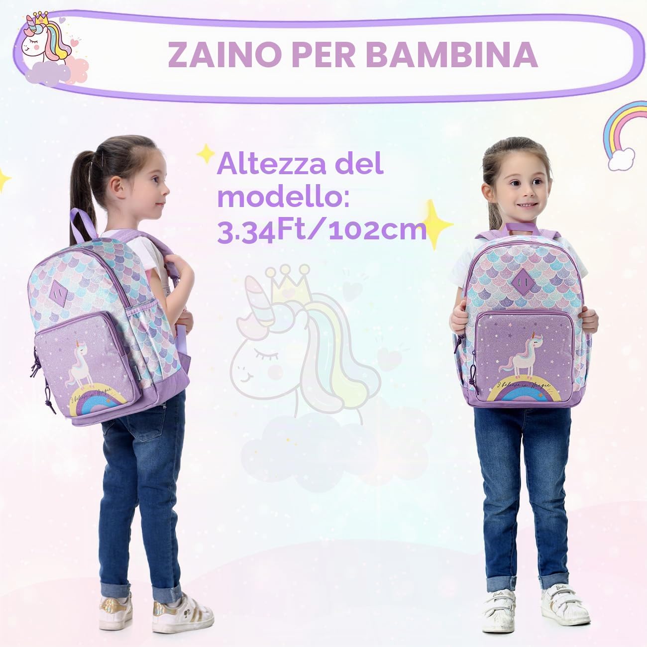 VASCHY Zaino Bambina, Zainetto Bambina Zainetto Asilo Bambino Zaino Scuola Elementare con Fascia Toracica Zaino Bimba Leggera Regalo Bimba 2-8 Anni Zaino da Viaggio/Campeggio