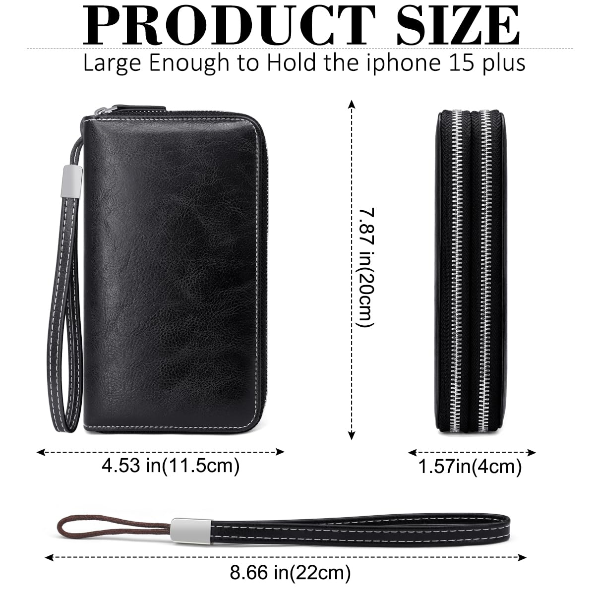 HNOOM Portafoglio Donna in Pelle PU Grande Capacità con Cerniera, Bloccaggio RFID, Elegante Portamonete con 14 Scomparti per Carte (Nero)