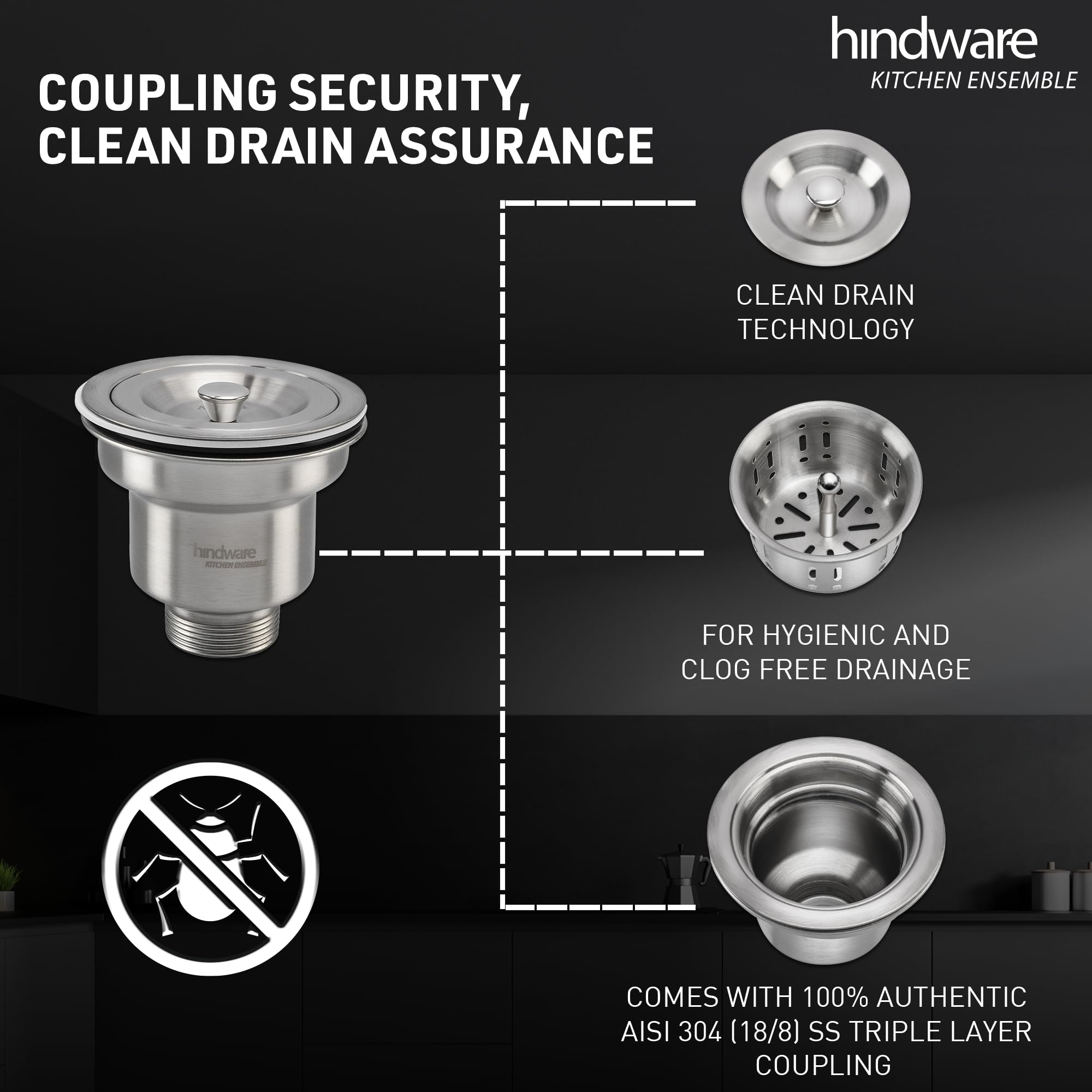 Hindware Kitchen Sink 41"x20"x8"| 304 Grade Stainless Steel | Pressed Double Bowl Sink with Waste Coupling | 25 Yrs Warranty on Product by Brand (Imperio, Matt) 1