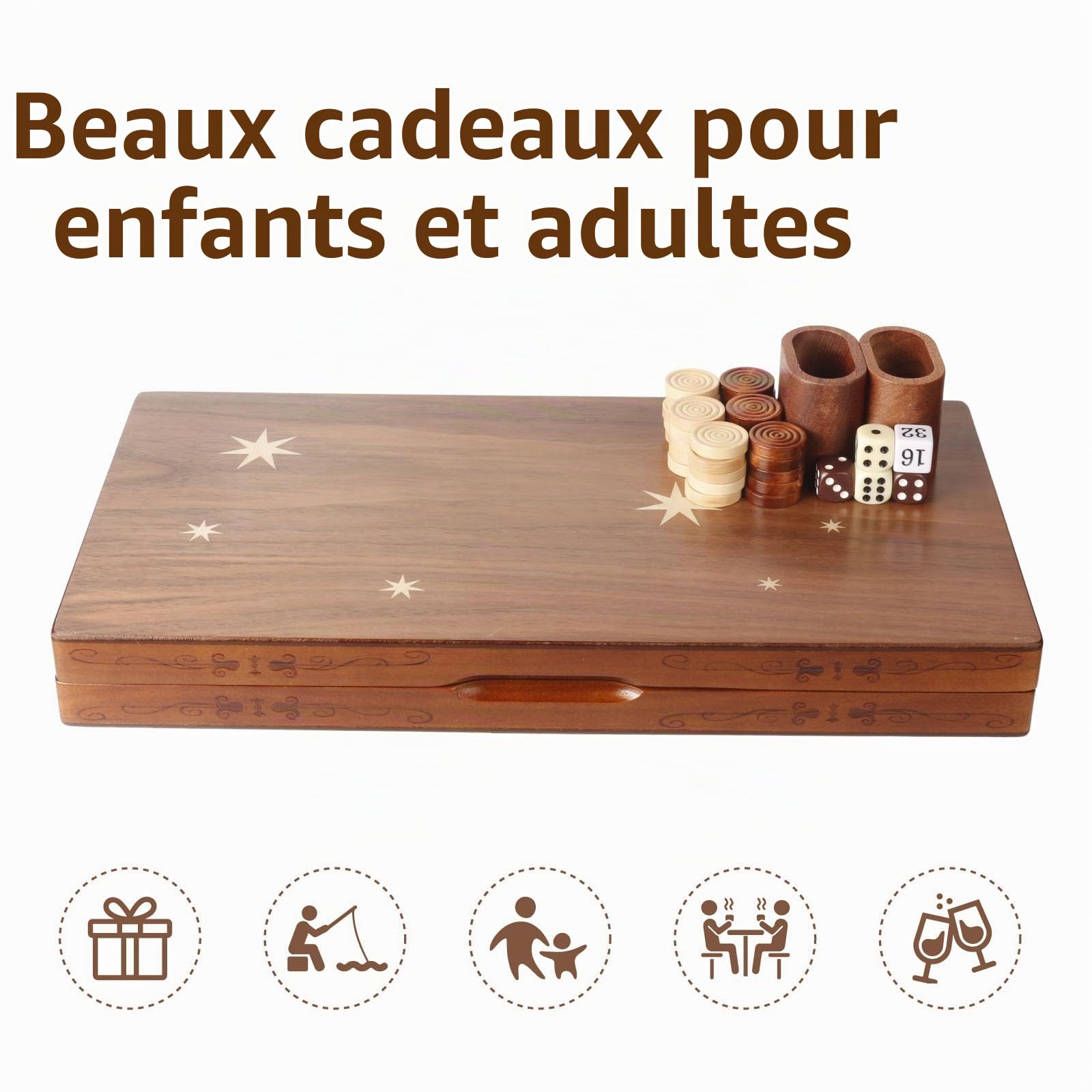 Syrace Jeu de Backgammon Classique en Bois incrusté de 40 cm - Grande Taille - Backgammon avec Dames - pour Adultes et Enfants