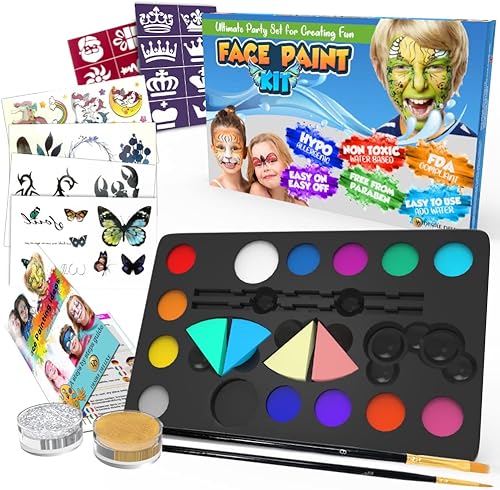 Desire Deluxe Paleta de kit de pintura facial  Juego de maquillaje lavable para niños y adultos, incluye cepillo corporal, purpurina, plantilla,