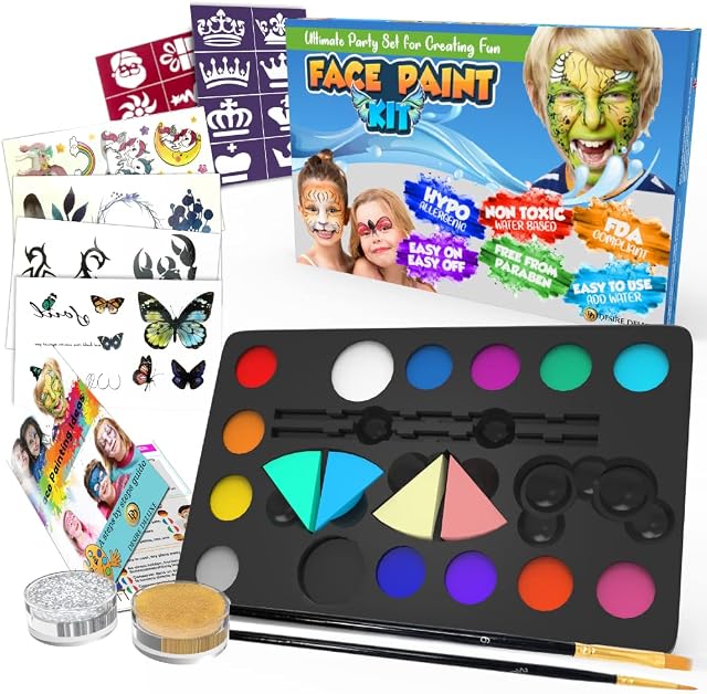 Desire Deluxe Face Paints for Children Halloween Make Up Set for Boys Girls Toy Body Painting - Christmas Present Palette Kit Including Glitter, Stencil, Tattoo for Kids - Unique Gift