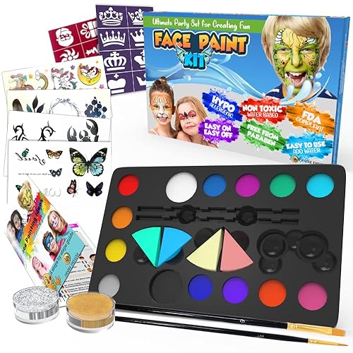 Desire Deluxe Paleta de kit de pintura facial  Juego de maquillaje lavable para niños y adultos, incluye cepillo corporal, purpurina, plantilla,