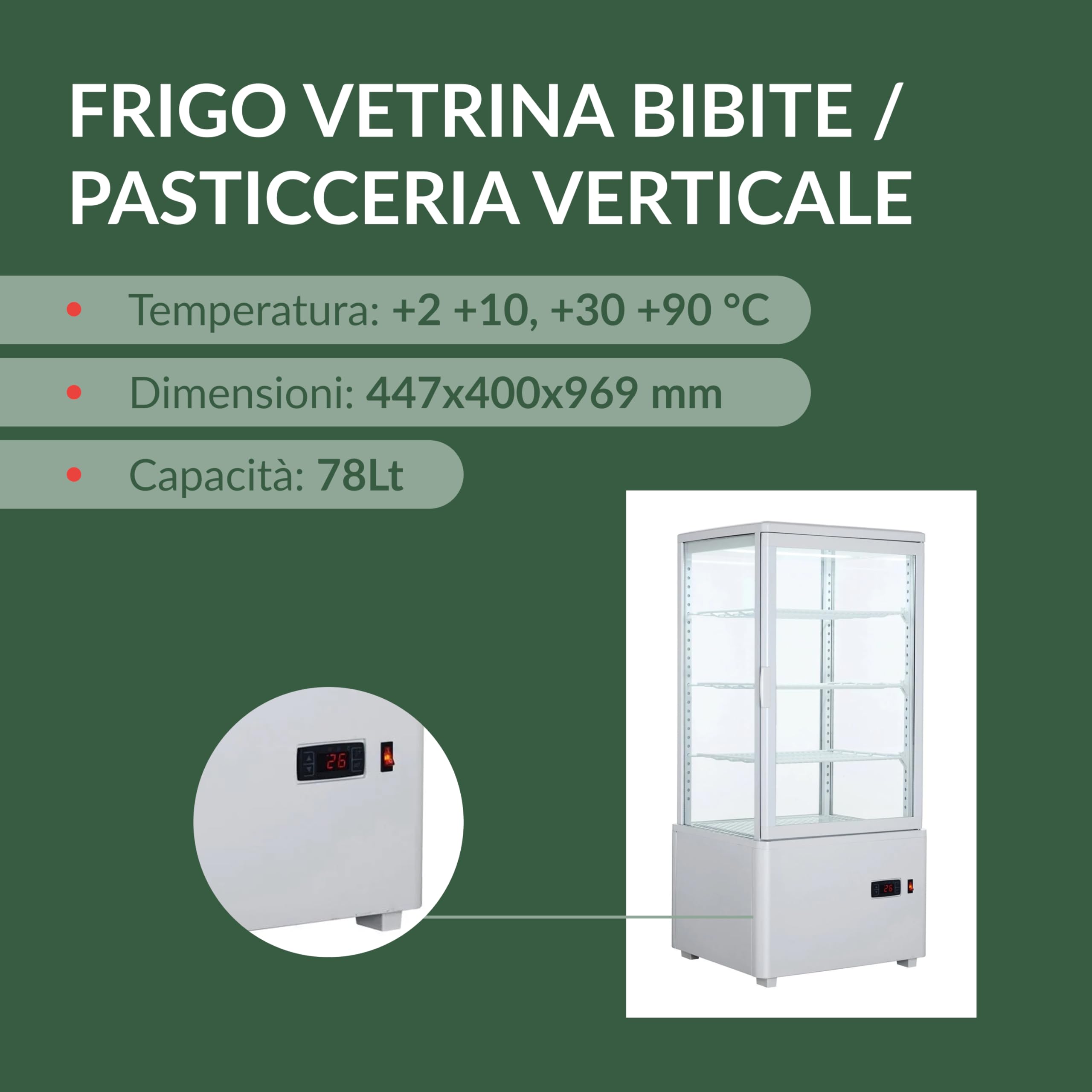 Ristoattrezzature Vetrina Dual-Temp Caldo/Freddo 78 lt - 4 Lati Vetro - Bianca - +2+10/+30+90 °C - 44,7x40x96,9h cm
