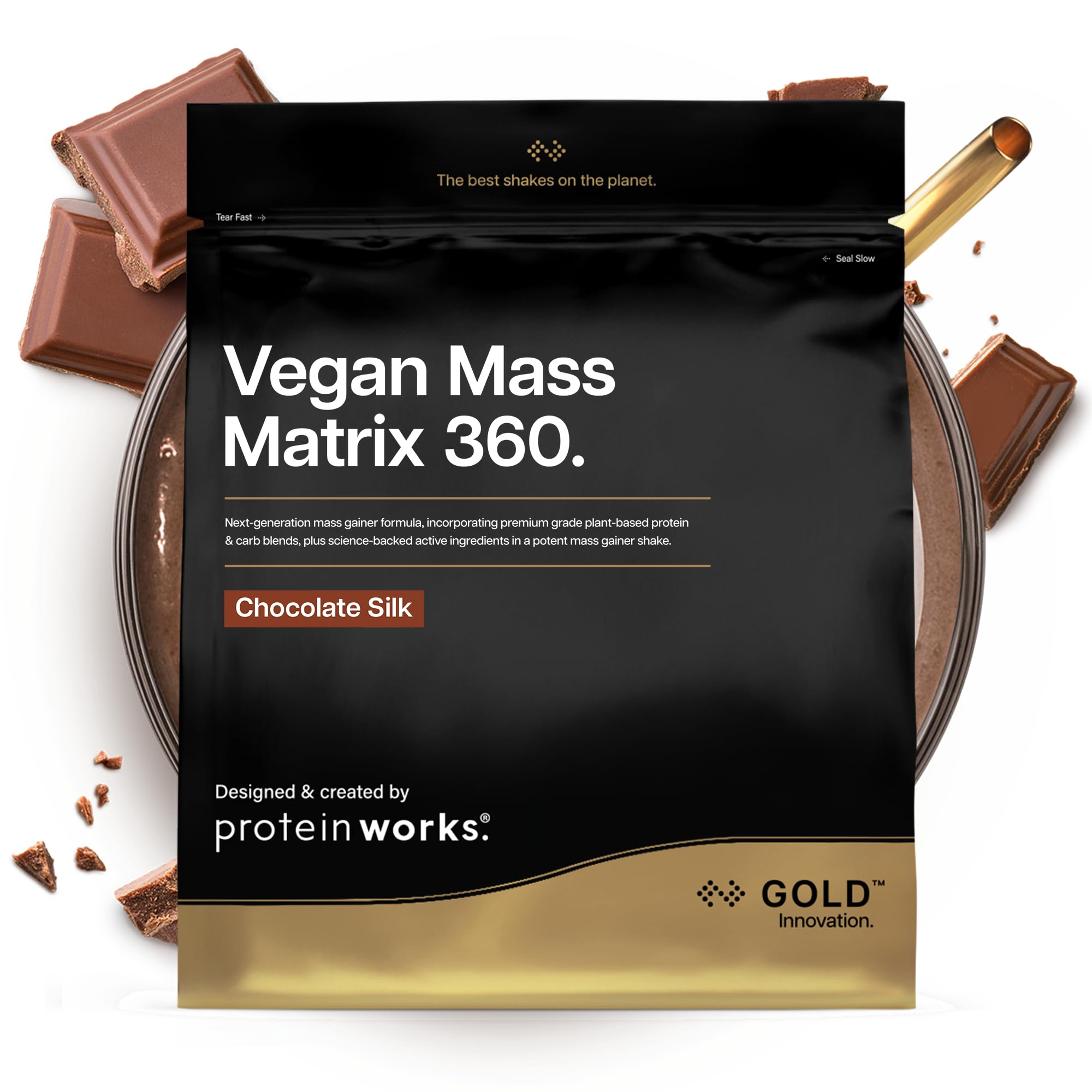 Protein Works | Vegan Mass Matrix 360 - Gold Innovation, Vegan Mass Gainer, Weight Gain Supplement, Tri Protein Blend, Amino Acids, Post Workout Protein Shake, Chocolate Silk, 5 Servings, 1kg