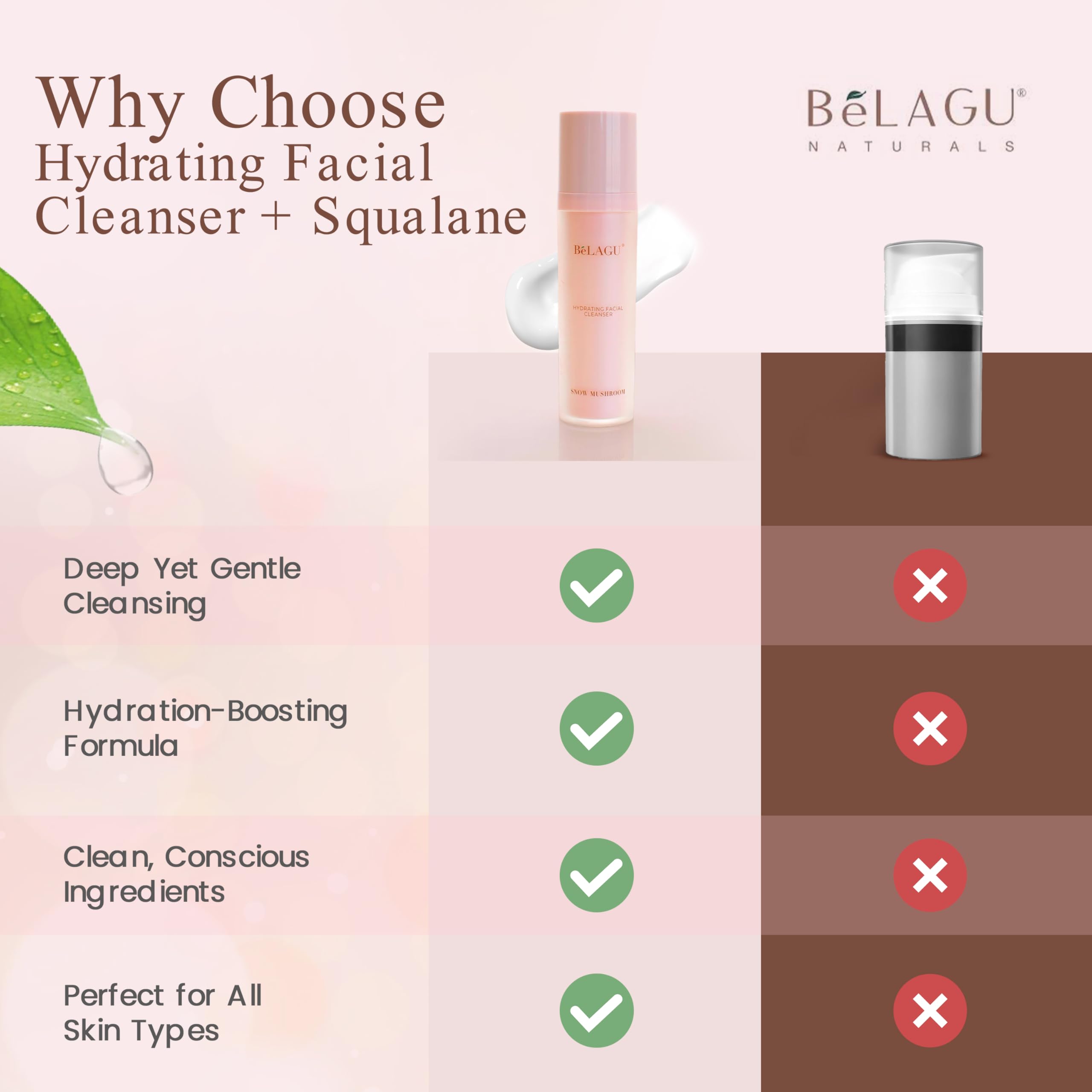 Detergente viso idratante con squalano e funghi della neve, detergente viso delicato per trucco e foglie per pelle morbida e idratata, naturale, vegano (113,4 g)