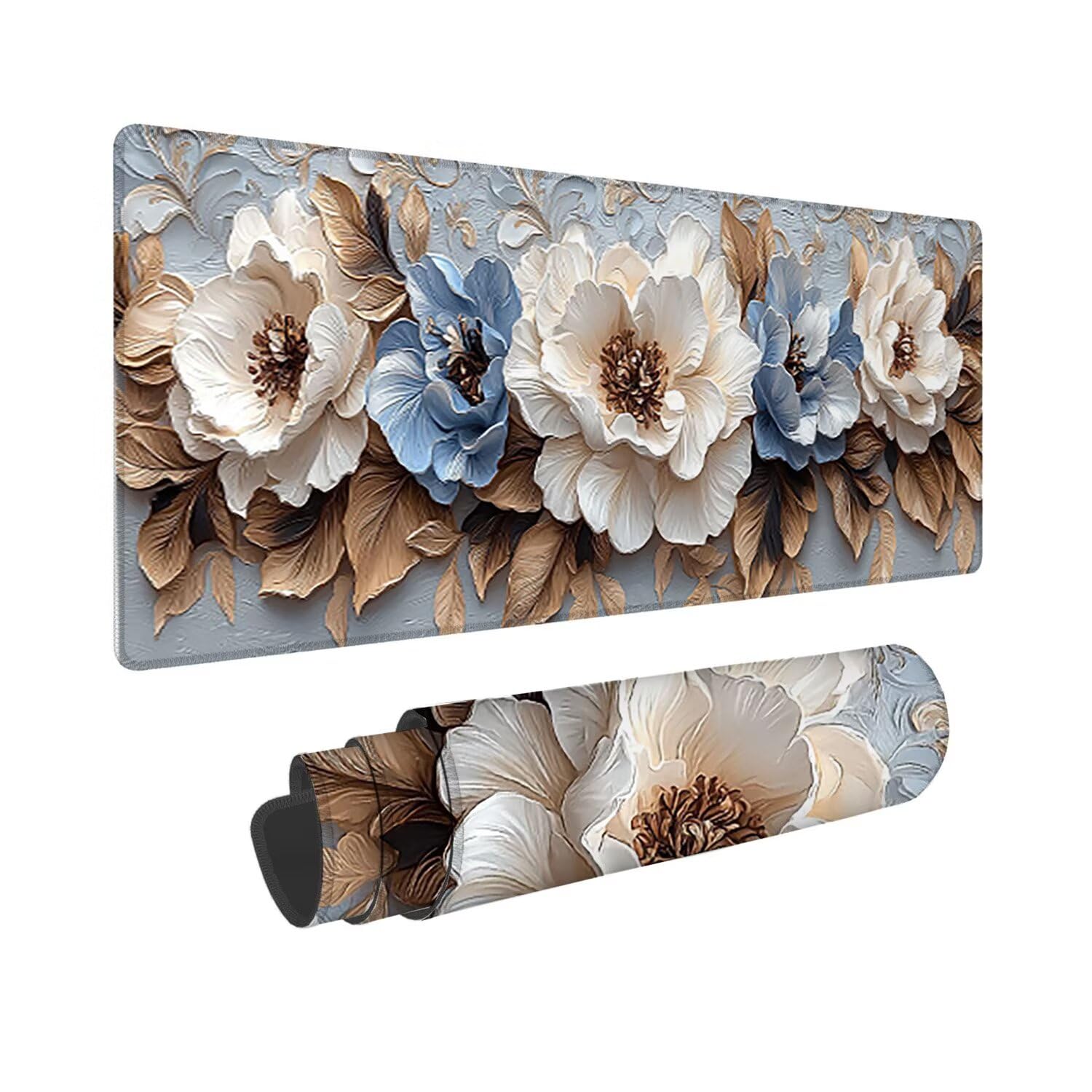Podkładka pod mysz do gier XXL duża mysz 1600 x 800 mm, duża podkładka pod biurko z antypoślizgową gumową podstawą do gier, komputera, poprawia precyzję i szybkość (kwiaty) o-355